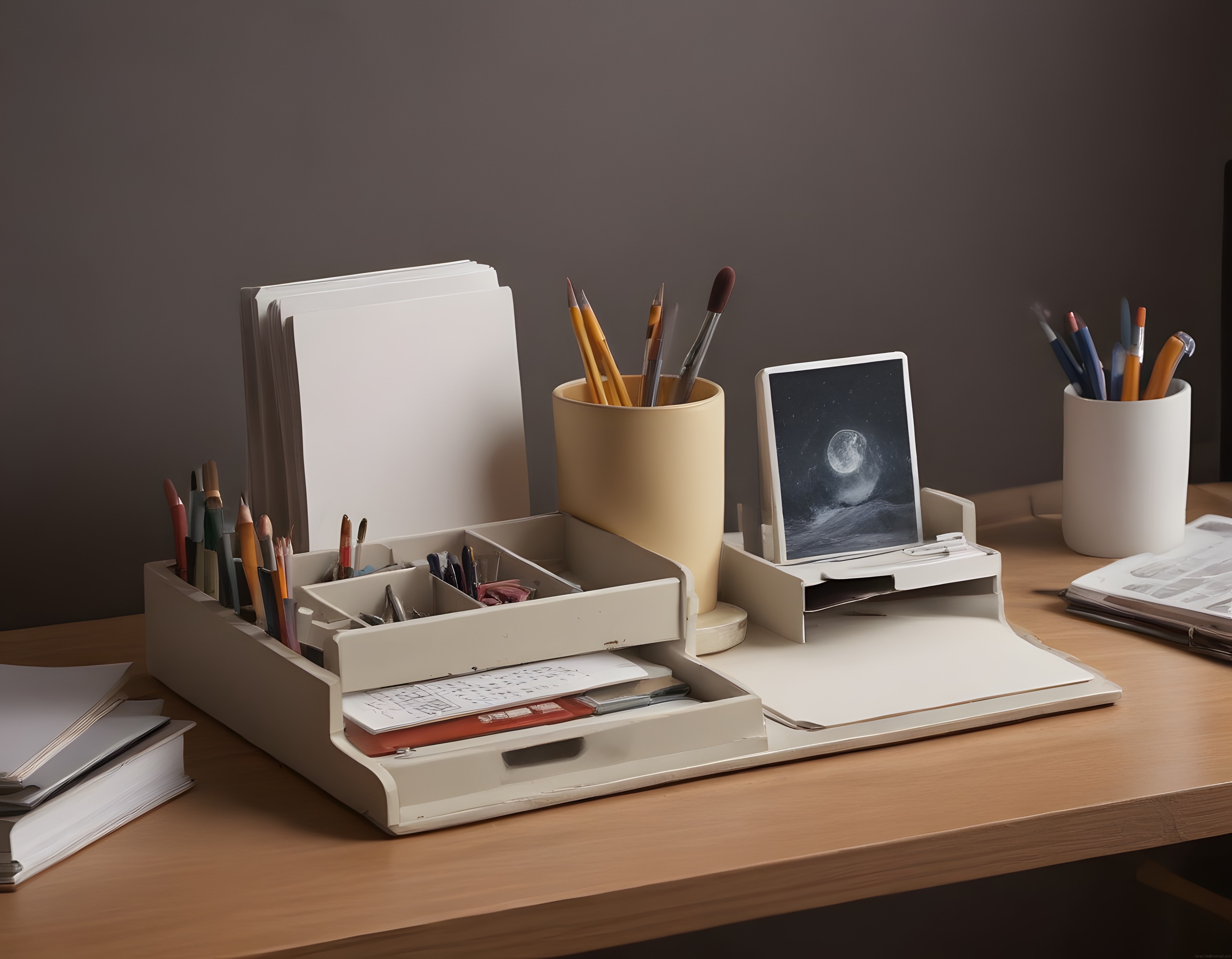 Minimalist Çalışma Masası: Masaüstü Düzenleyici, Kalemler ve Ay Fotoğrafı