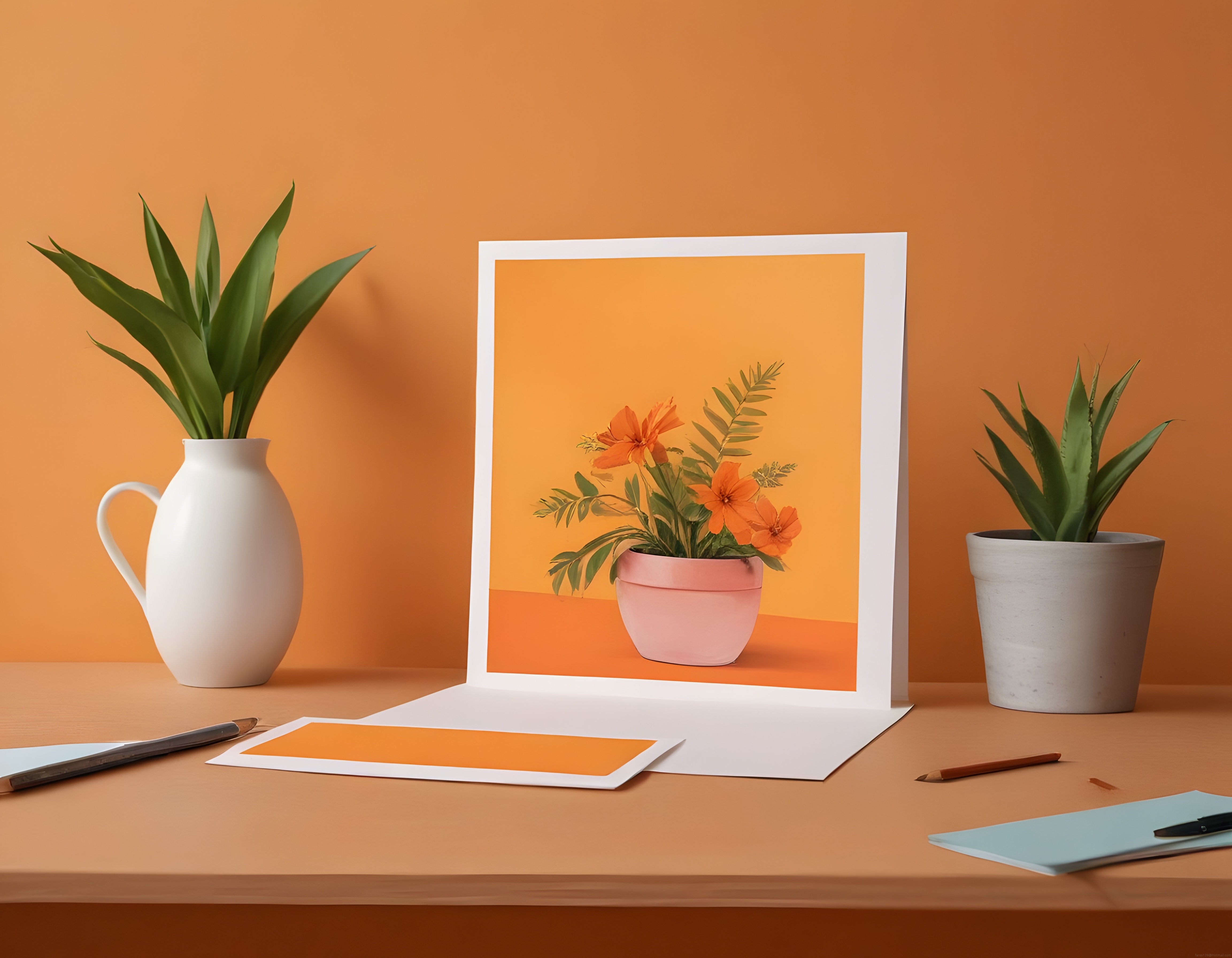 Minimalist Çalışma Masası ve Turuncu Fonlu Dekoratif Çiçek Çerçevesi