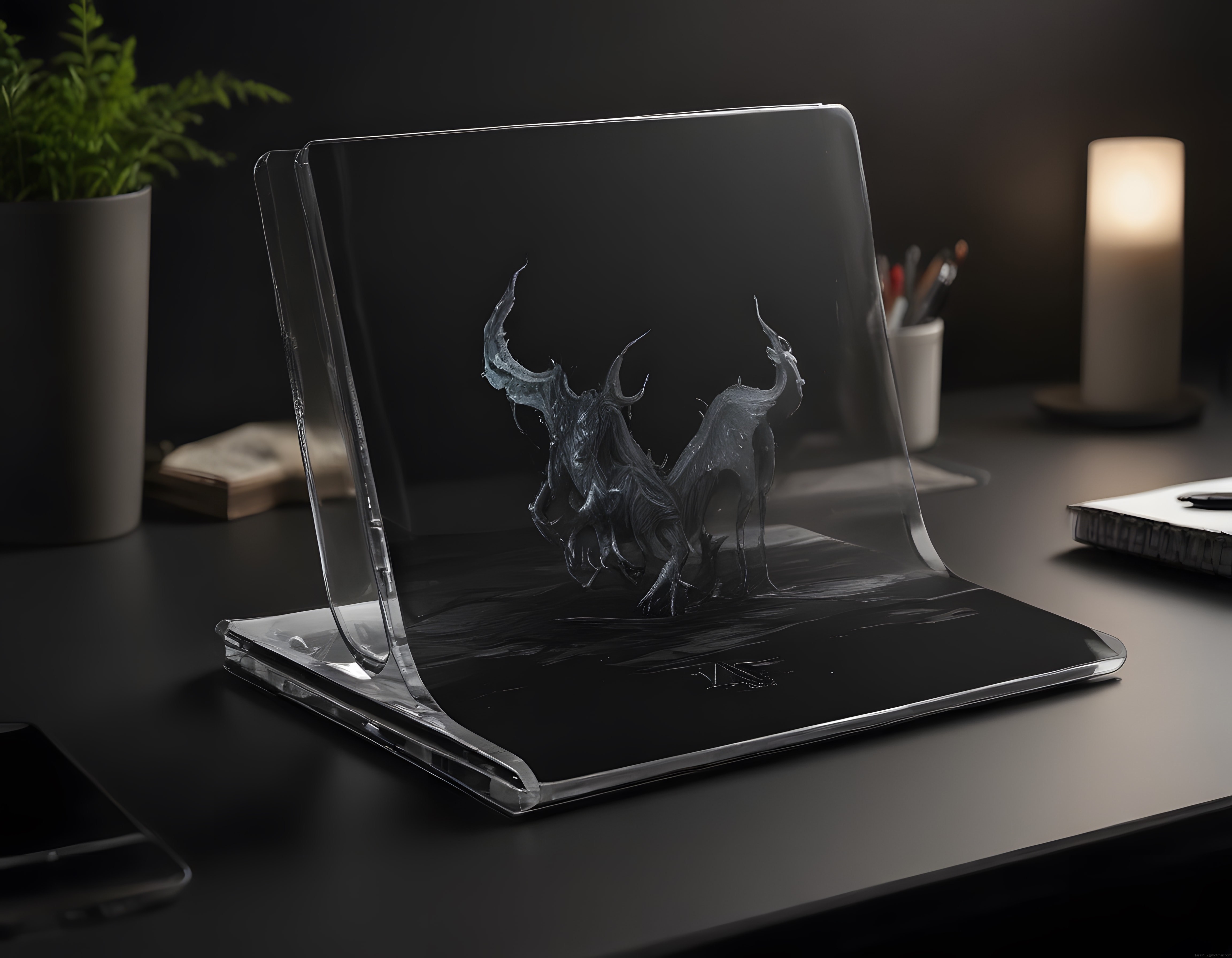 Minimalist Çalışma Masasında Şeffaf Laptop ve Buzdan Geyik Figürleri