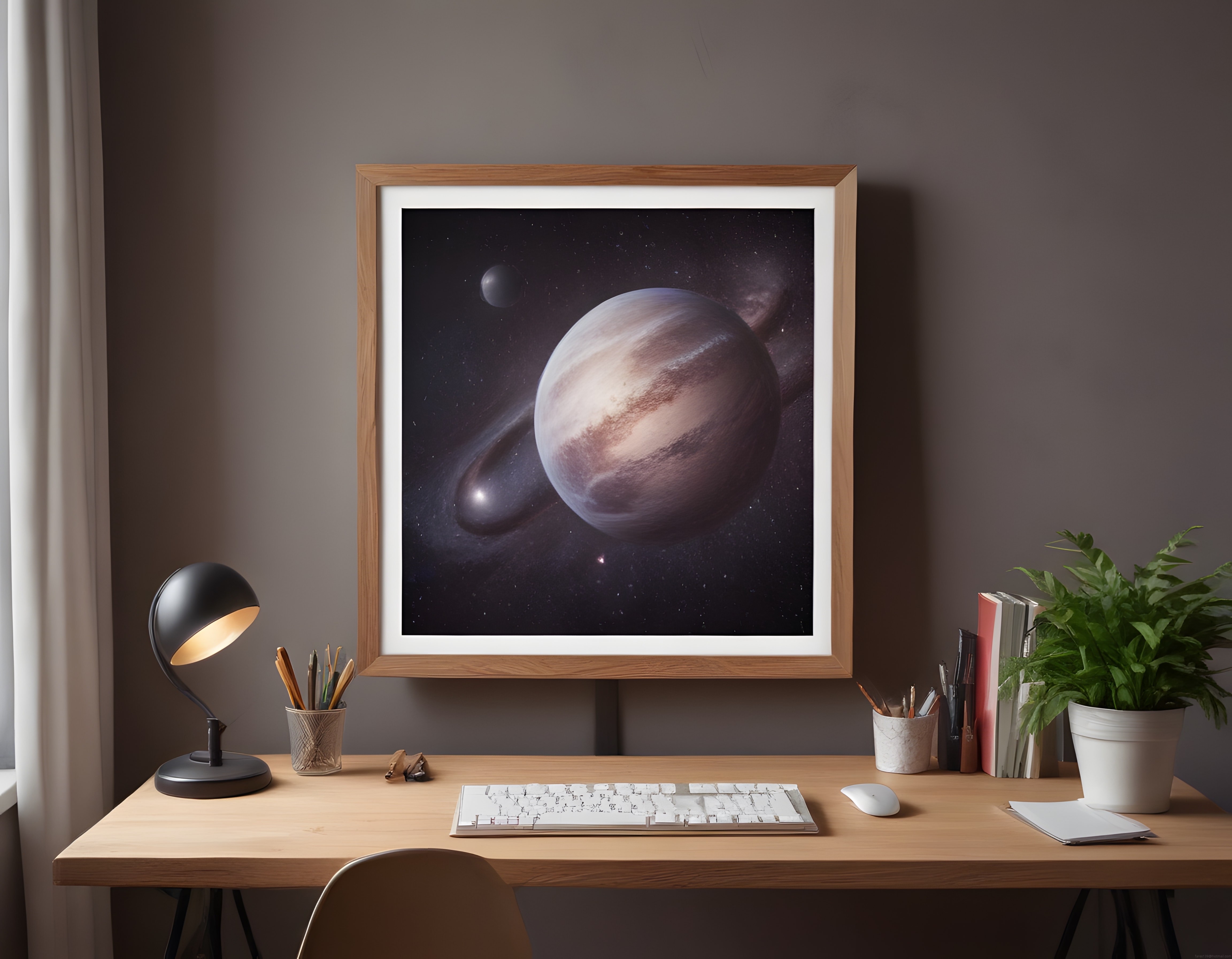 Minimalist Çalışma Odasında Uzay Temalı Çerçeveli Poster ve Ahşap Masa Düzeni