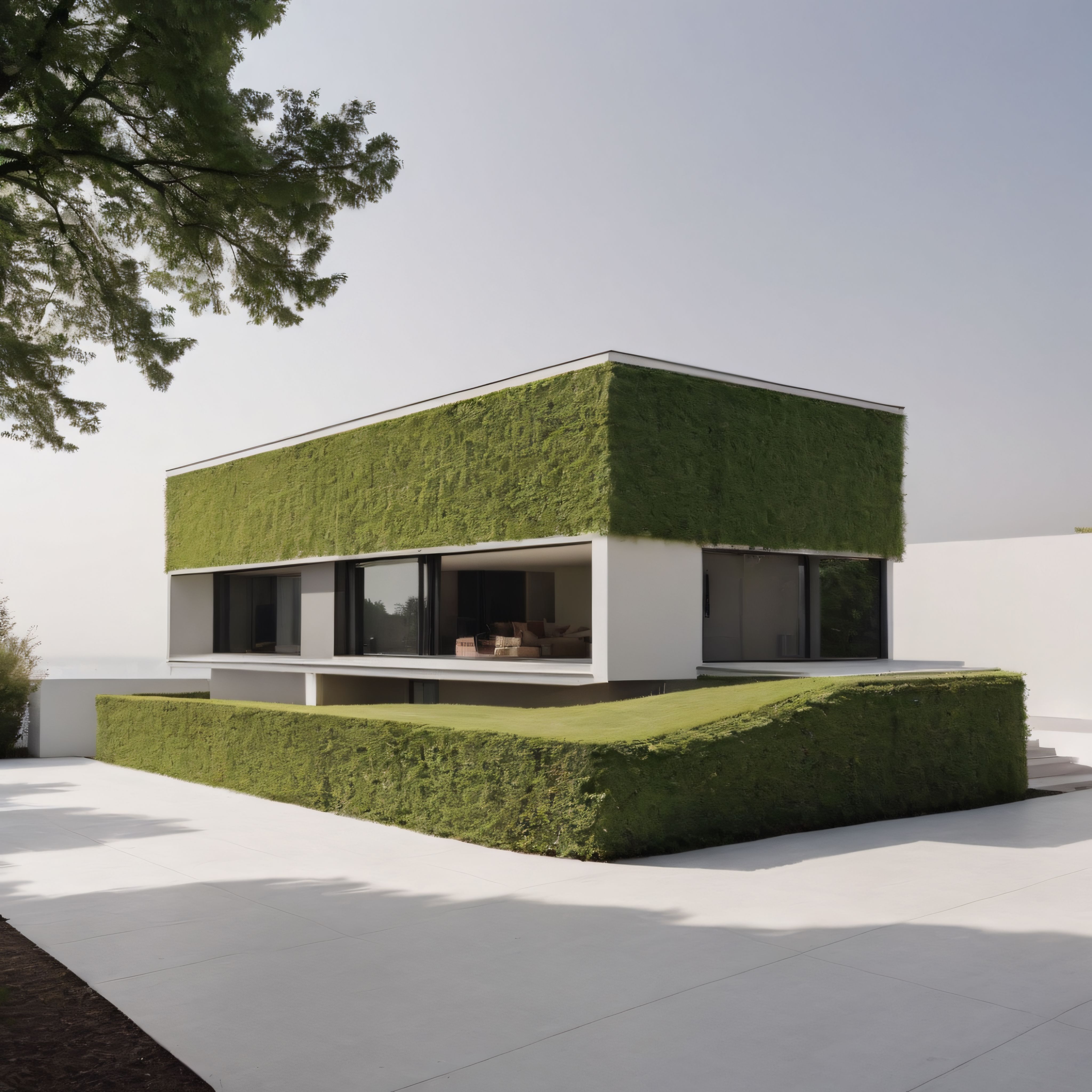 Minimalist çevre dostu konut: Dikey bahçe duvarları ve yeşil çatılı modern mimari