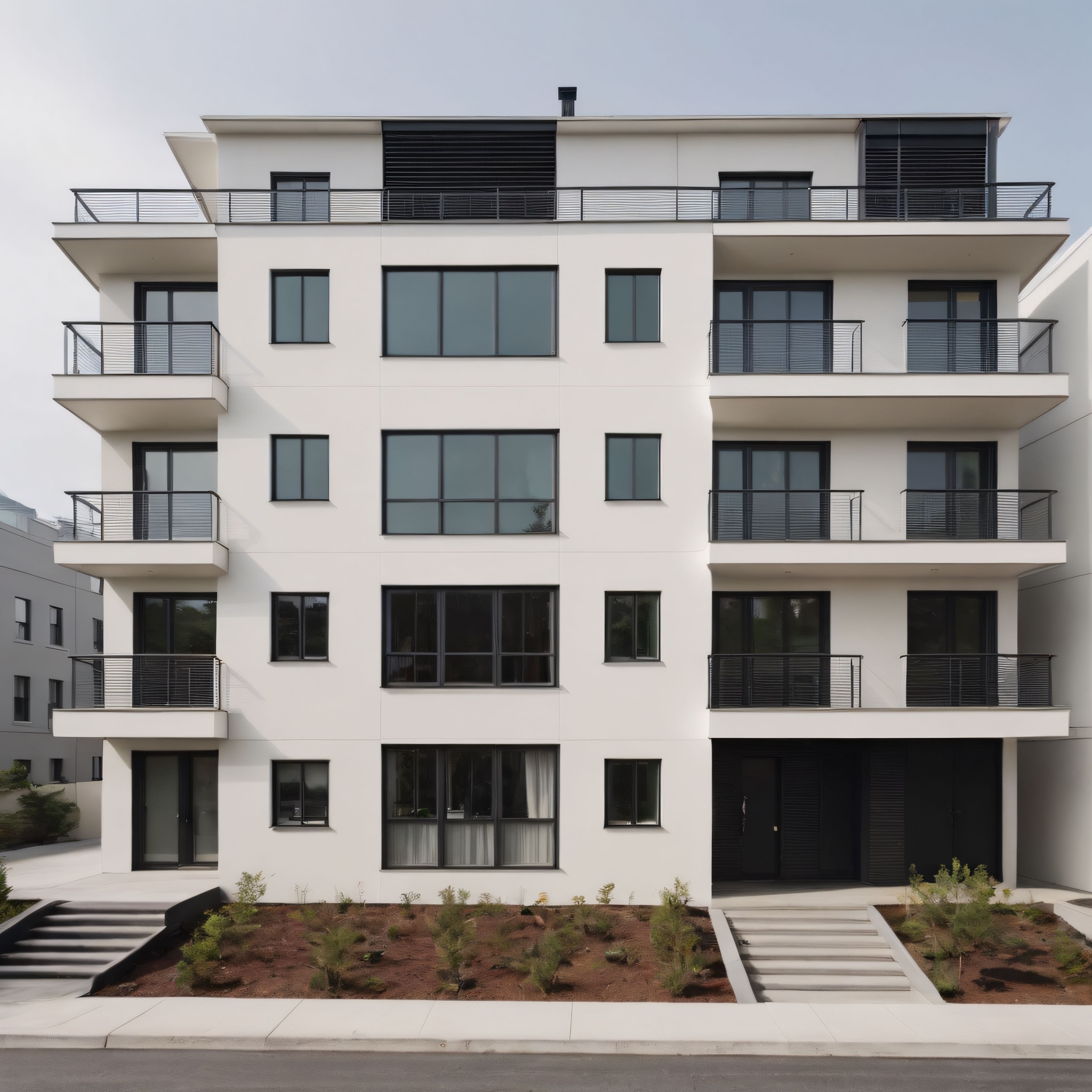 Minimalist çizgileri ve geniş pencereleriyle dikkat çeken modern apartman bloğu
