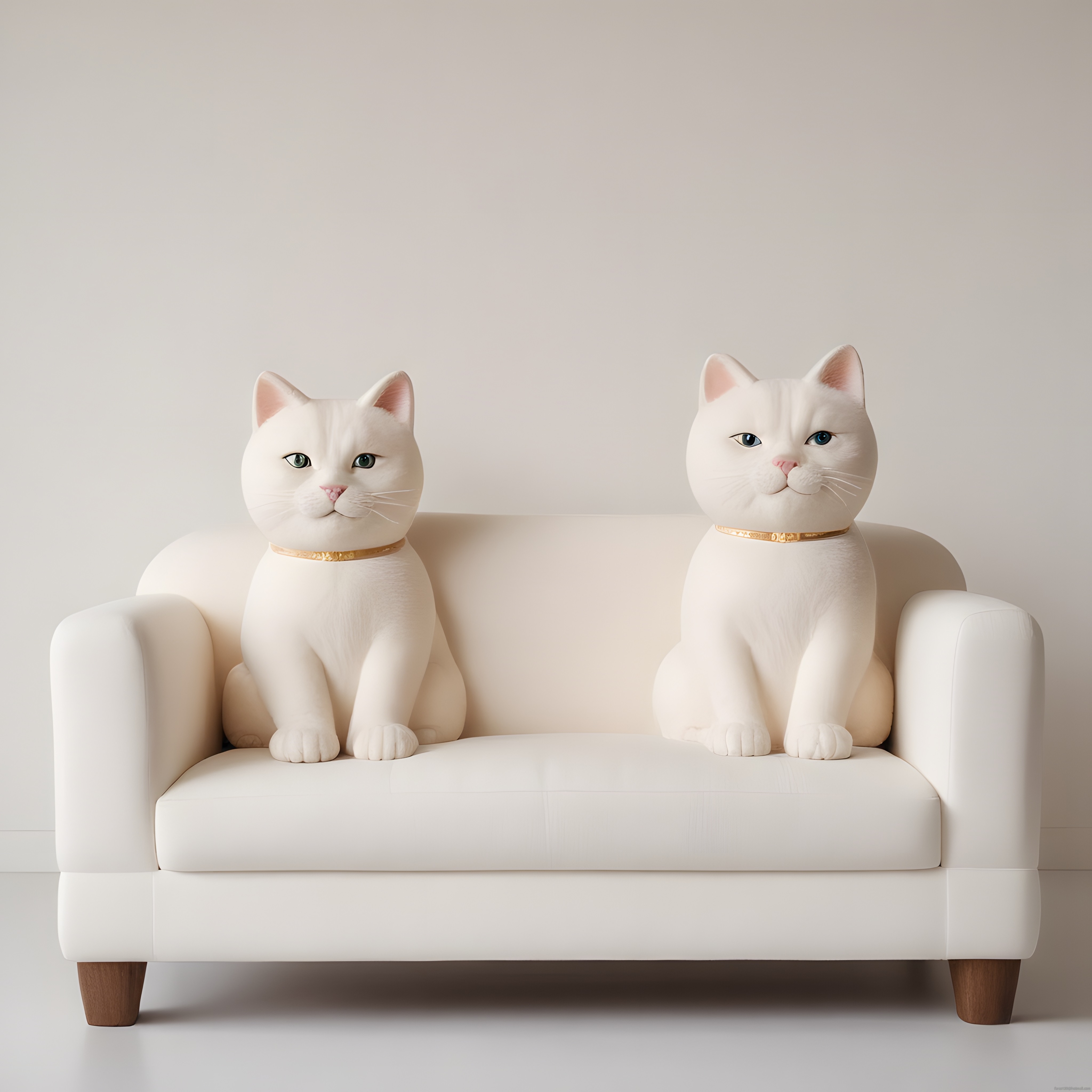 Minimalist Dekor: Beyaz Koltukta Altın Tasmalı Seramik Kedi Heykelleri