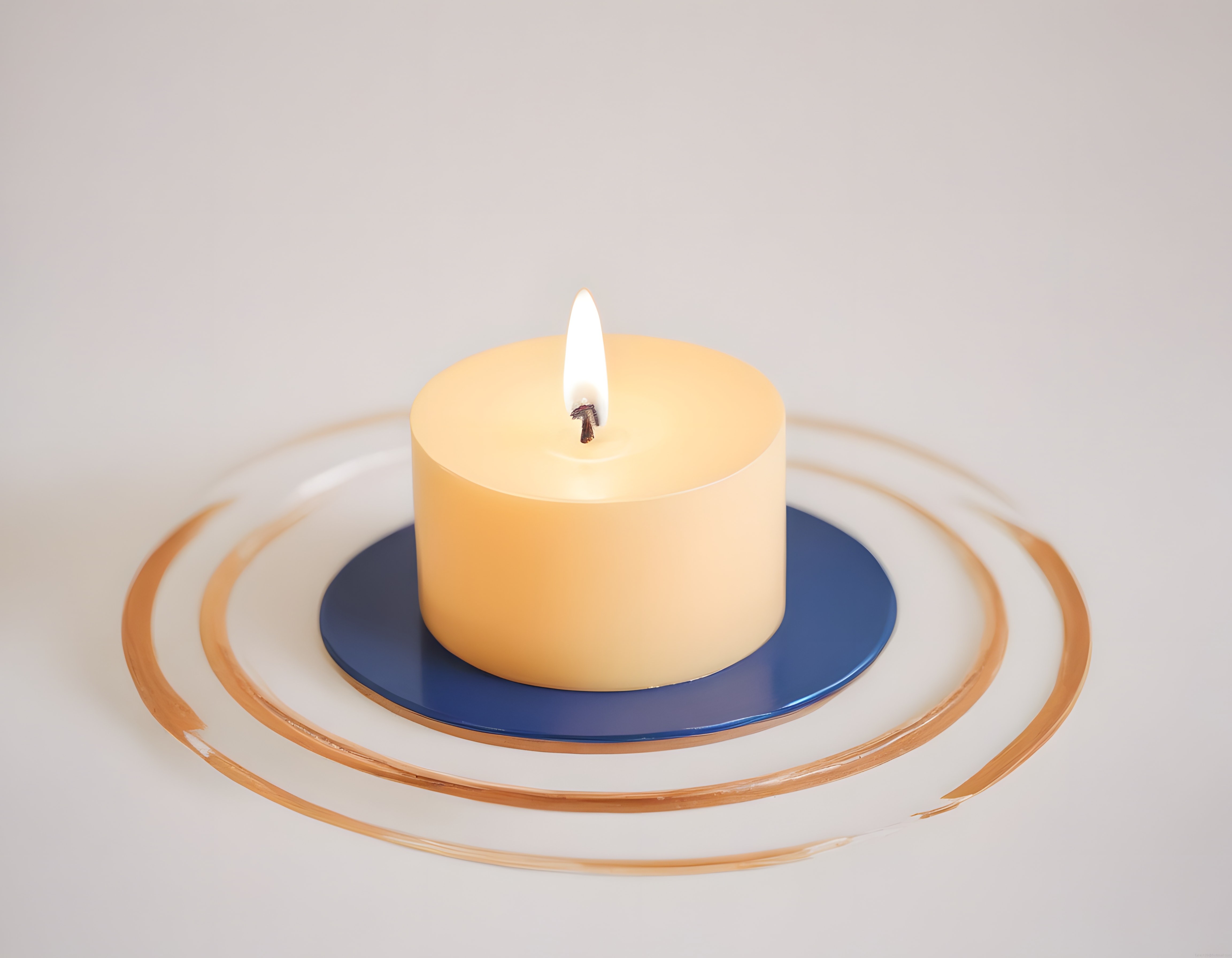 Minimalist Dekor: Mavi Tabakta Yanan Krem Mum ve Altın Halkalar