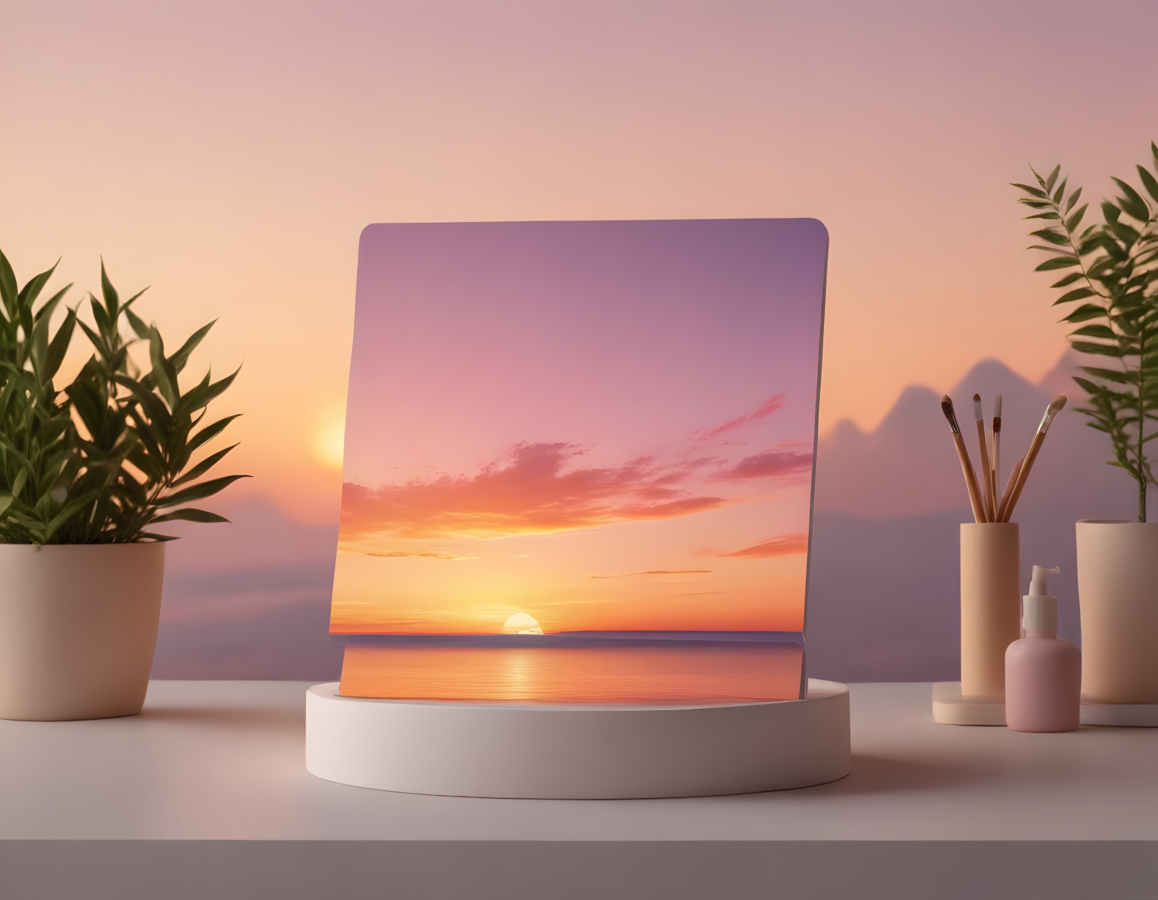 Minimalist Dekorasyonda Dijital Gün Batımı Manzarası ve Saksı Bitkileri