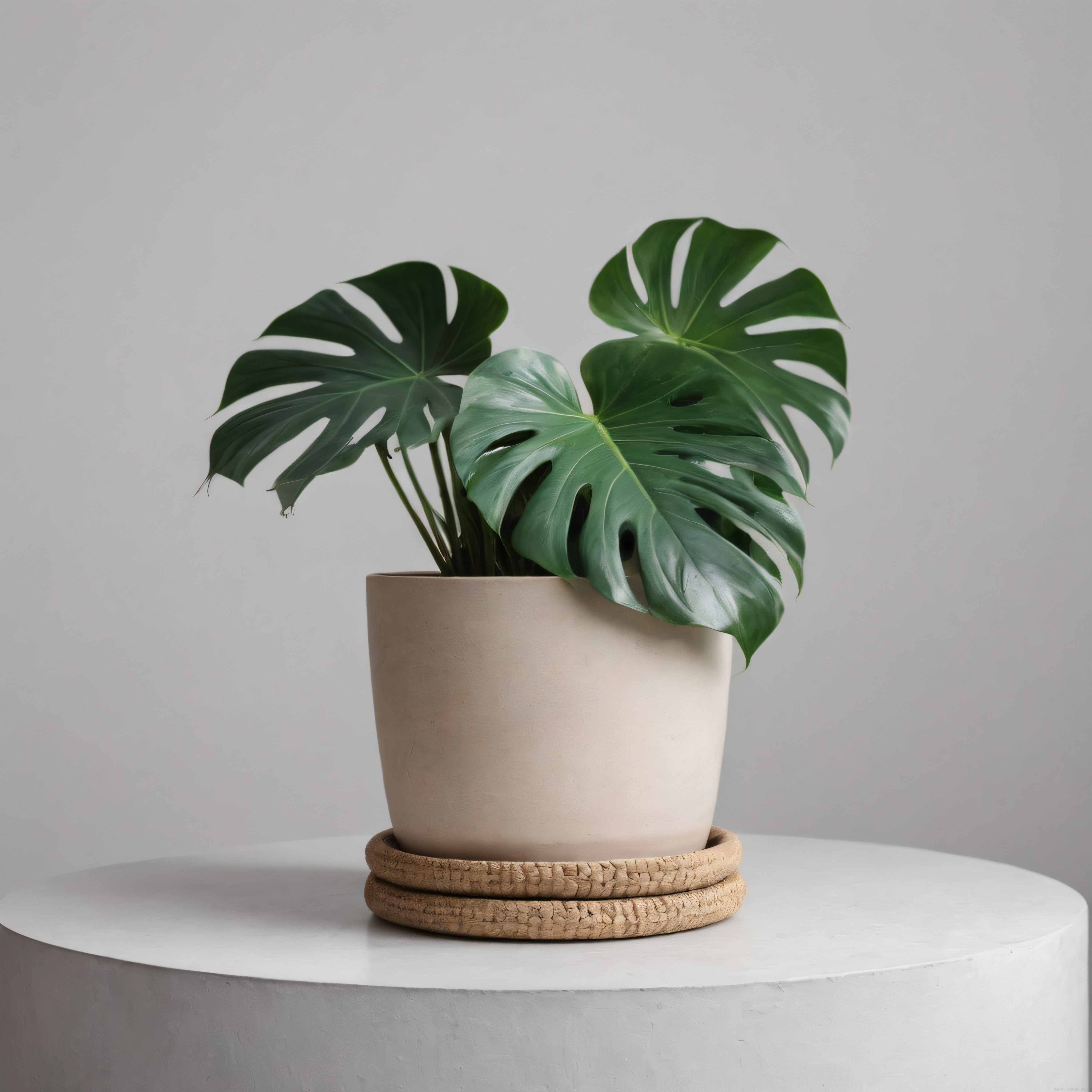 Minimalist dekorasyonda krem seramik saksıda canlı monstera bitkisi