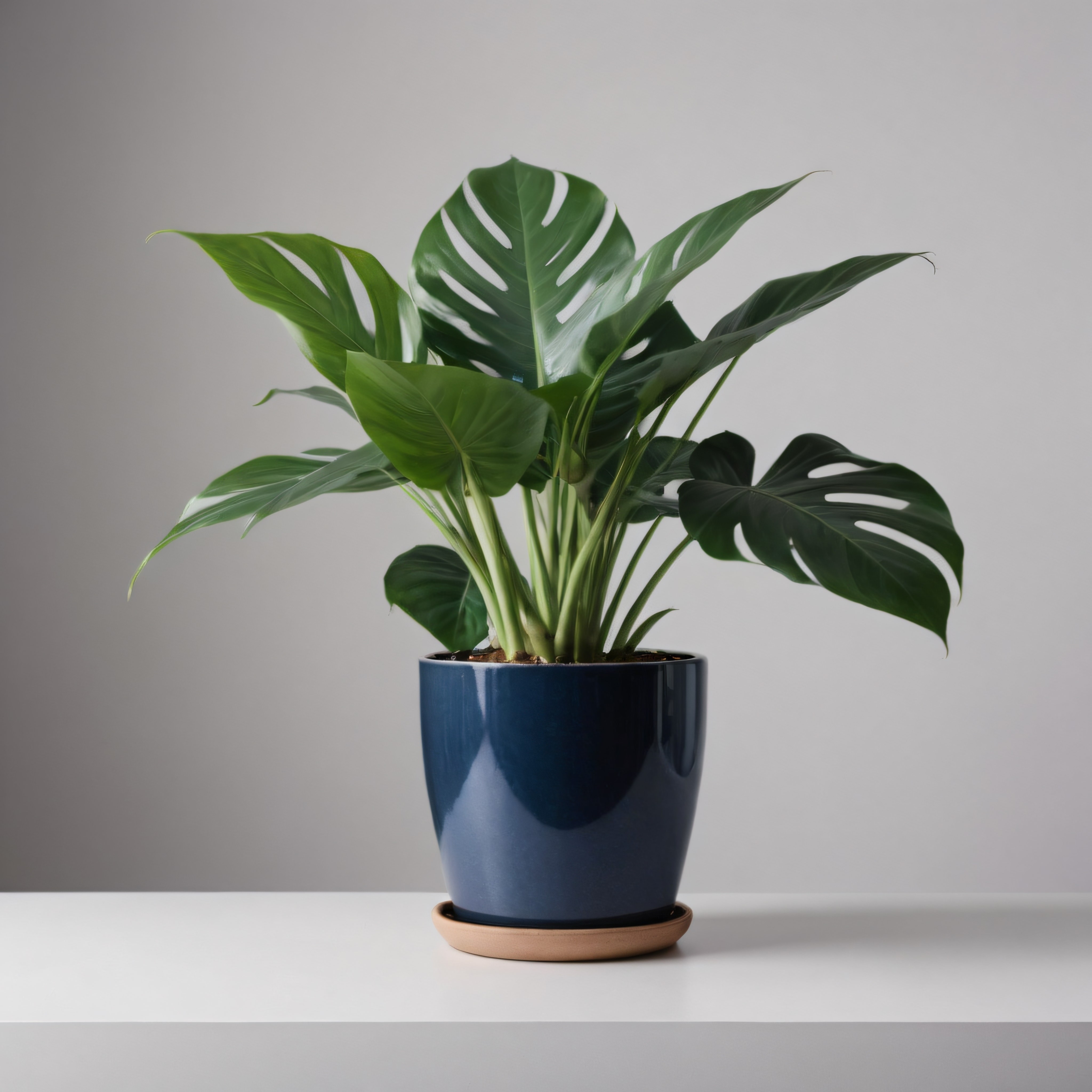 Minimalist Dekorda Lacivert Saksılı Monstera Deliciosa Salon Bitkisi