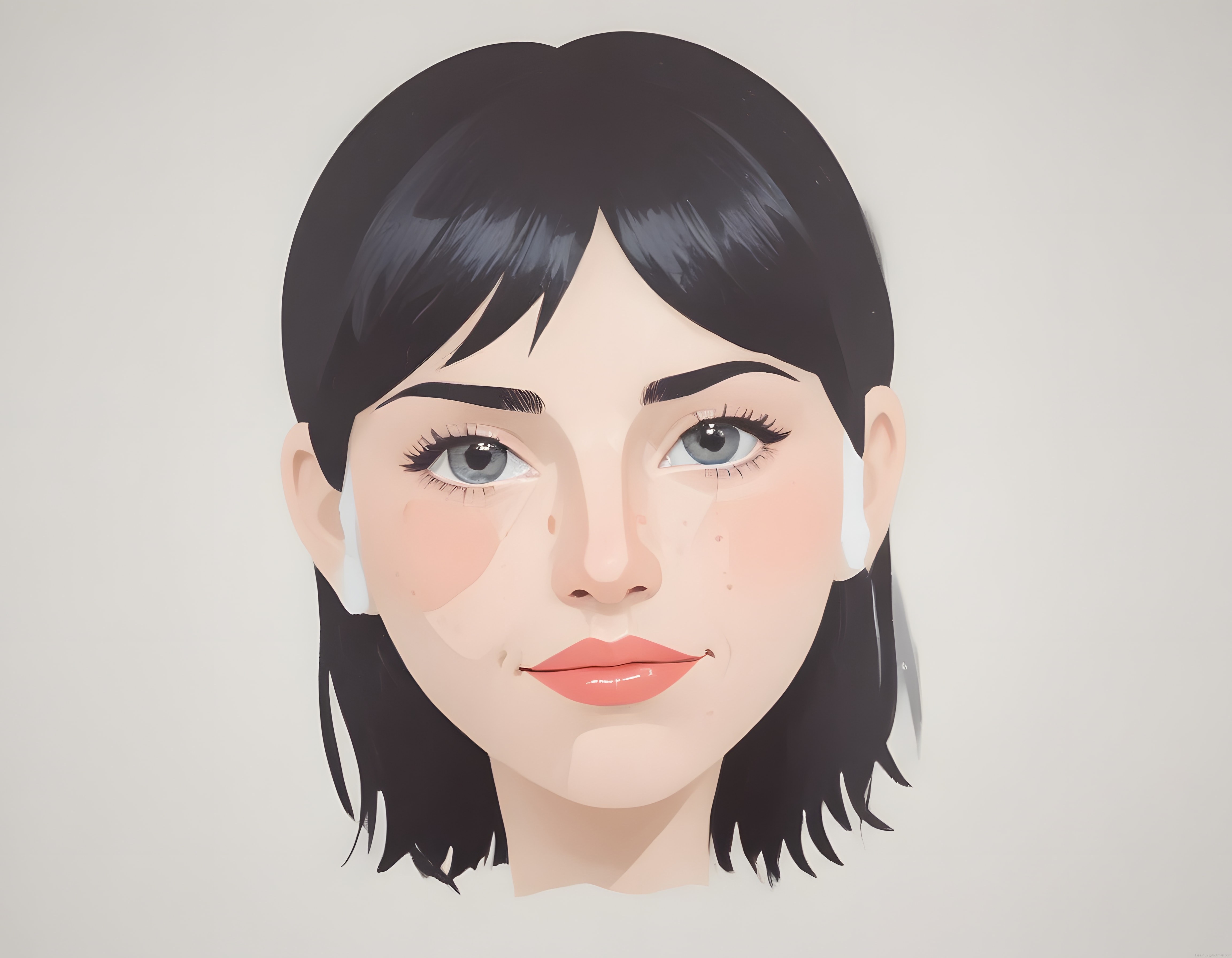 Minimalist Dijital Sanat Portresi: Mavi Gözlü Koyu Saçlı Genç Kadın Çizimi