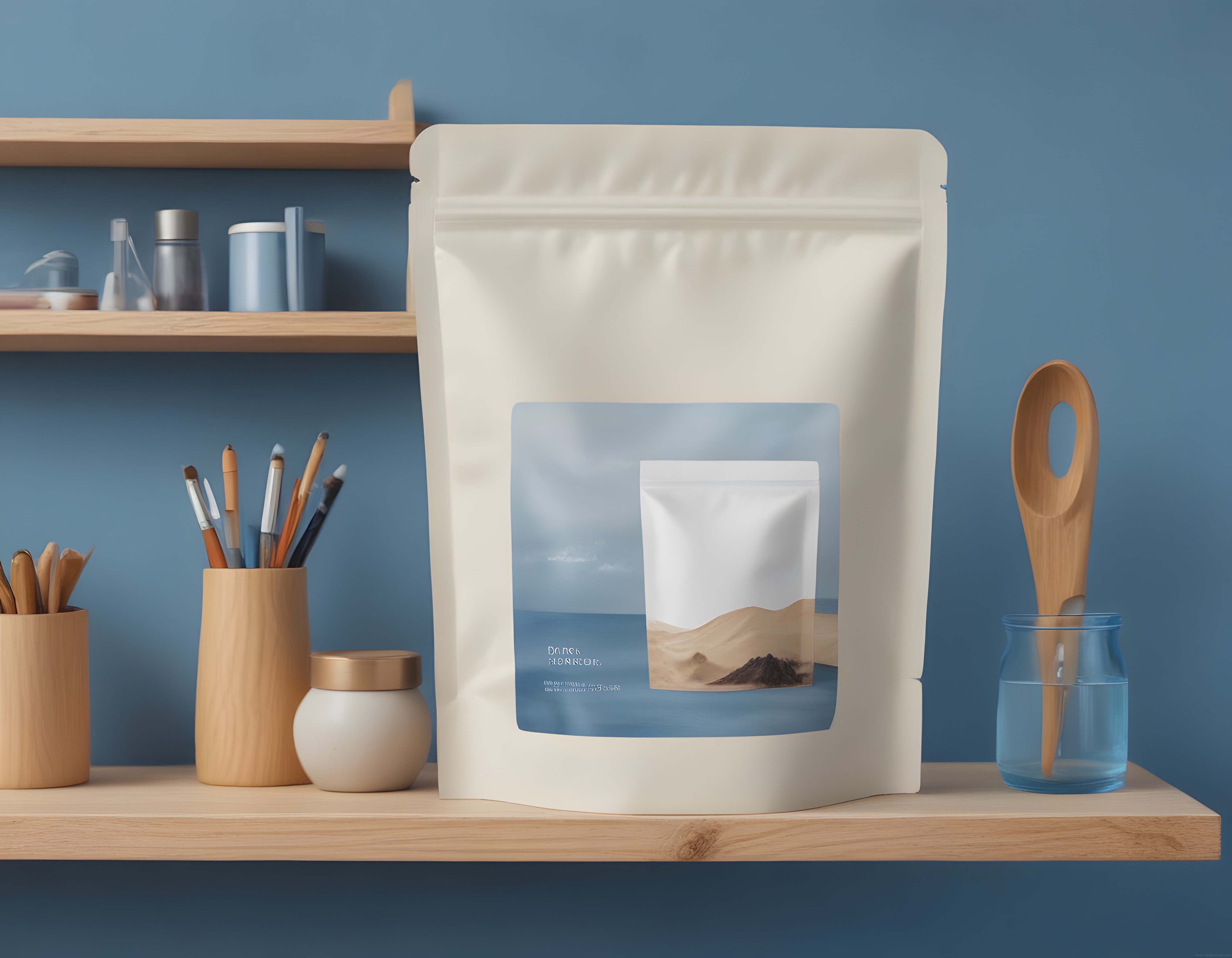 Minimalist Doypack Ambalaj ve Ahşap Detaylarla Estetik Ürün Sunumu