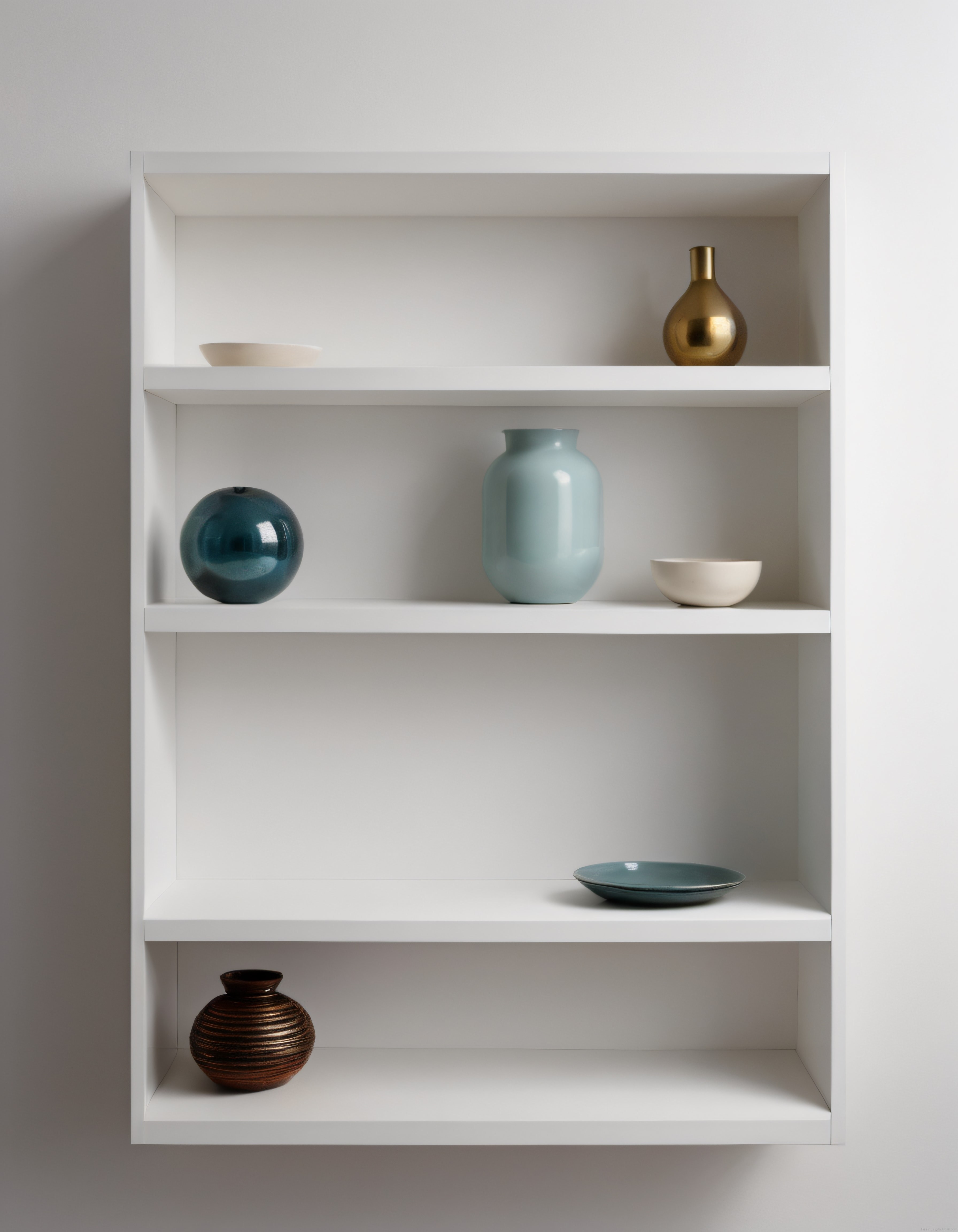 Minimalist Ev Dekorasyonu: Beyaz Duvar Rafında Modern Seramik Vazolar