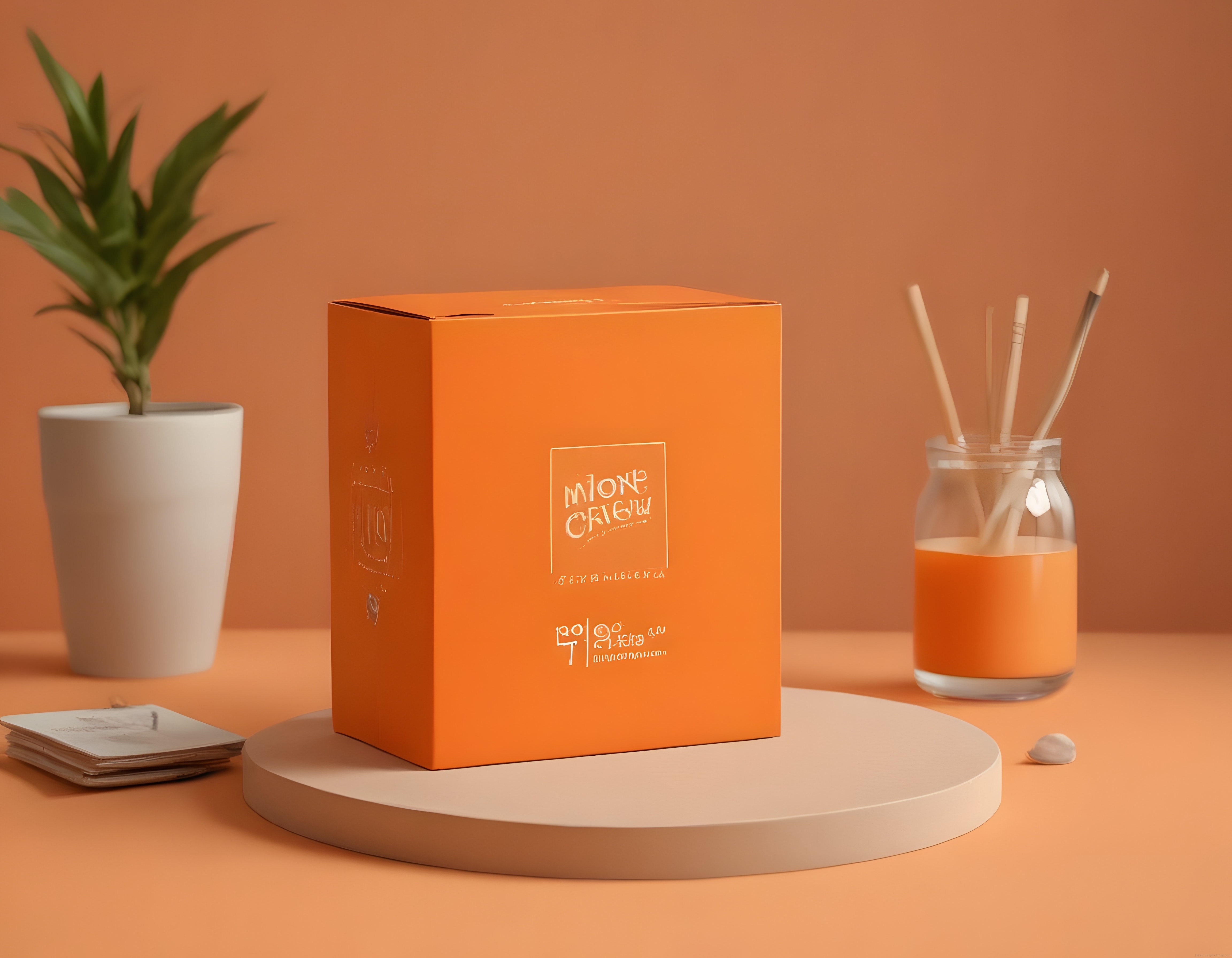 minimalist ev dekorasyonu turuncu ürün kutusu ve aroma difüzörü stil çekimi
