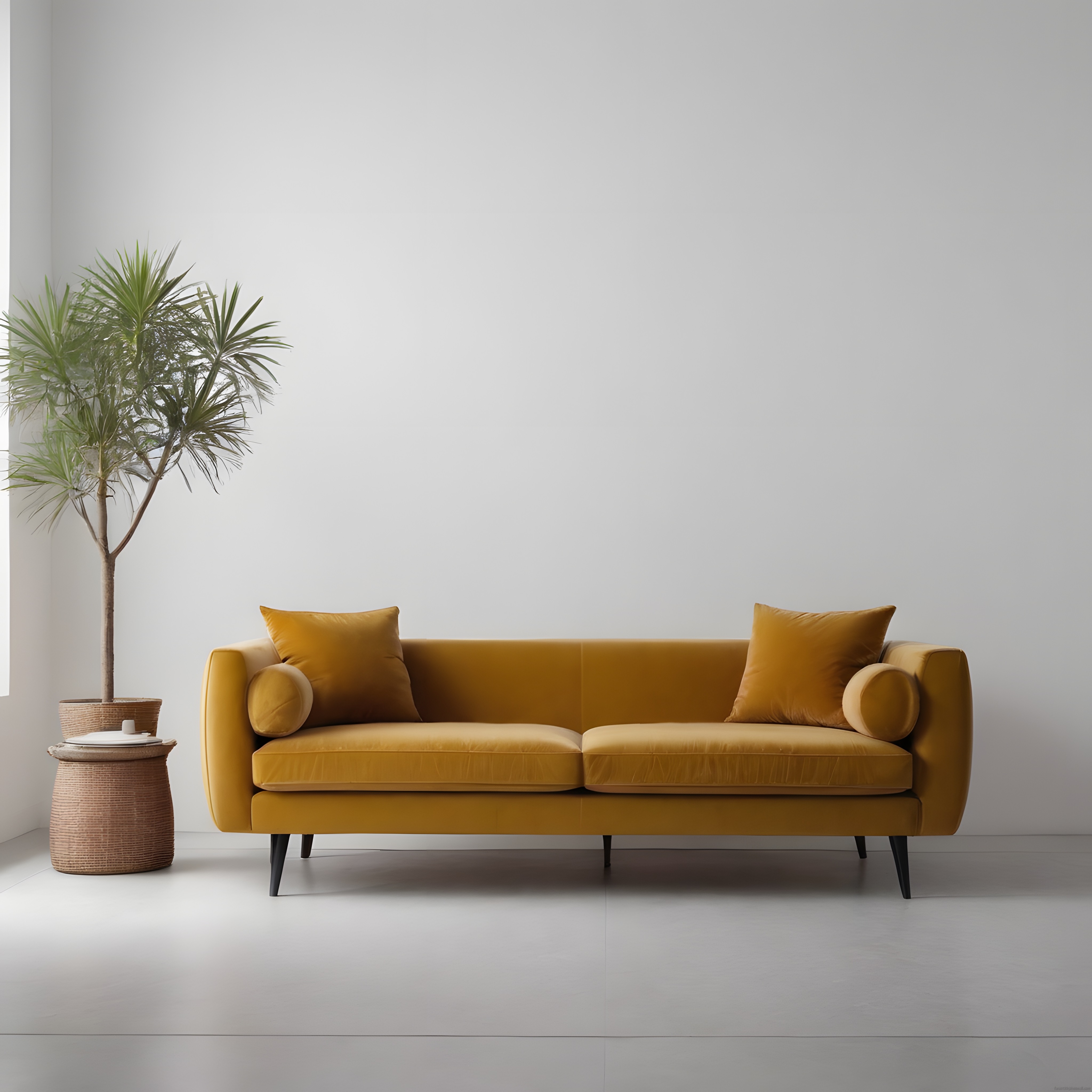 Minimalist Ev Dekorasyonunda Hardal Sarısı Kadife Kanepe ve Saksı Bitkisi