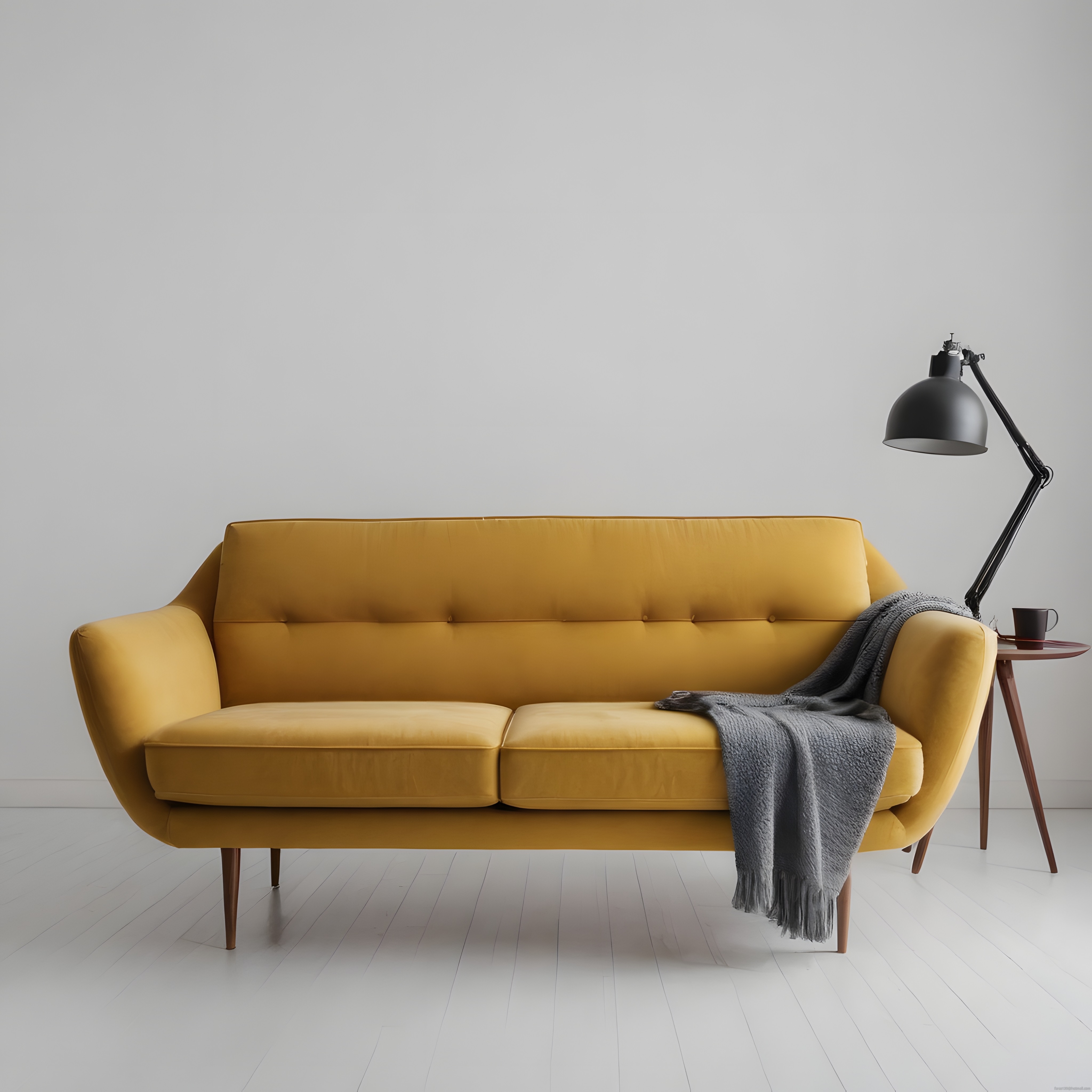 Minimalist Ev Dekorasyonunda Hardal Sarısı Koltuk ve Siyah Lambader Uyumu