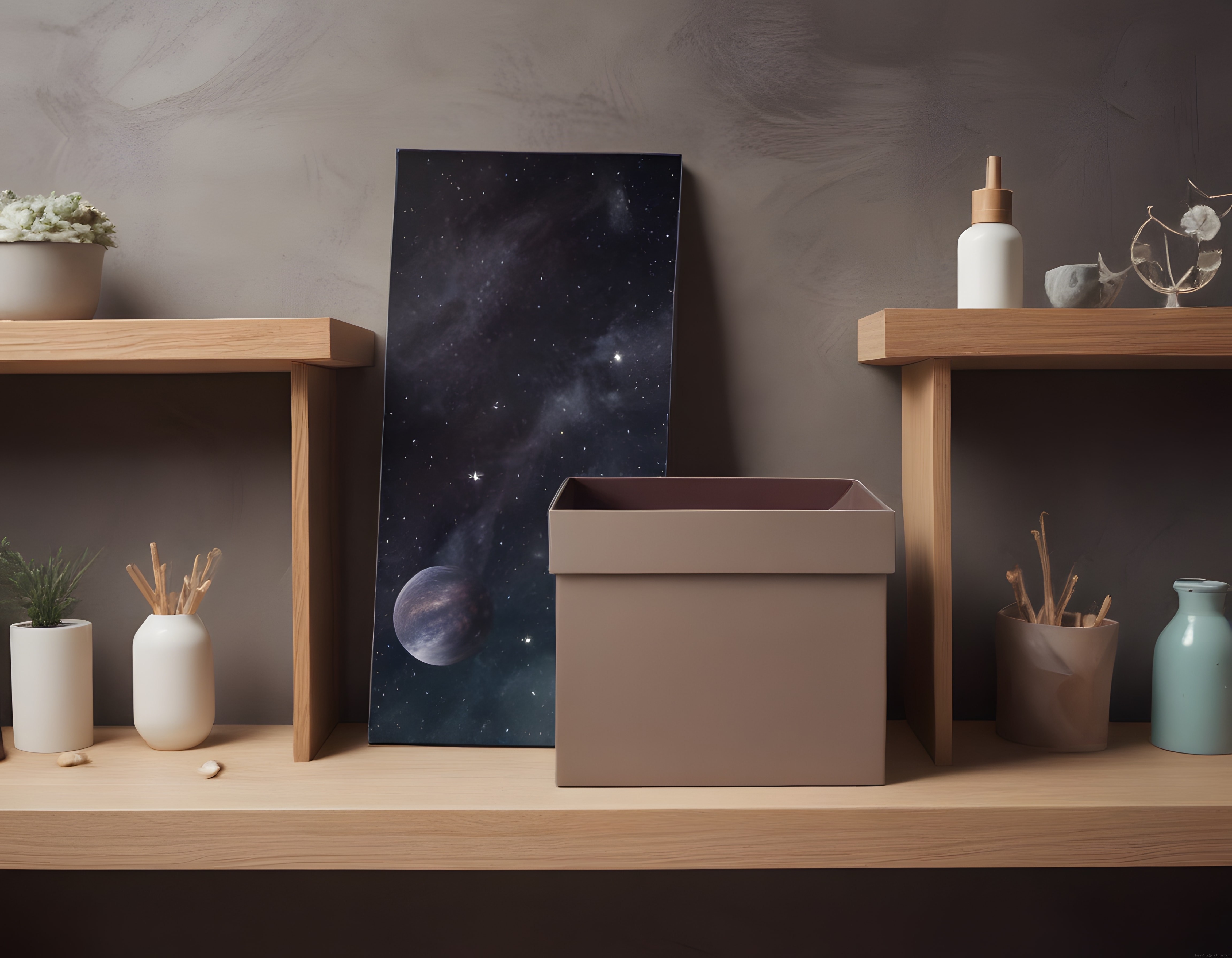 Minimalist Ev Dekorasyonunda Uzay Temalı Tablo ve Ahşap Raf Düzenlemesi