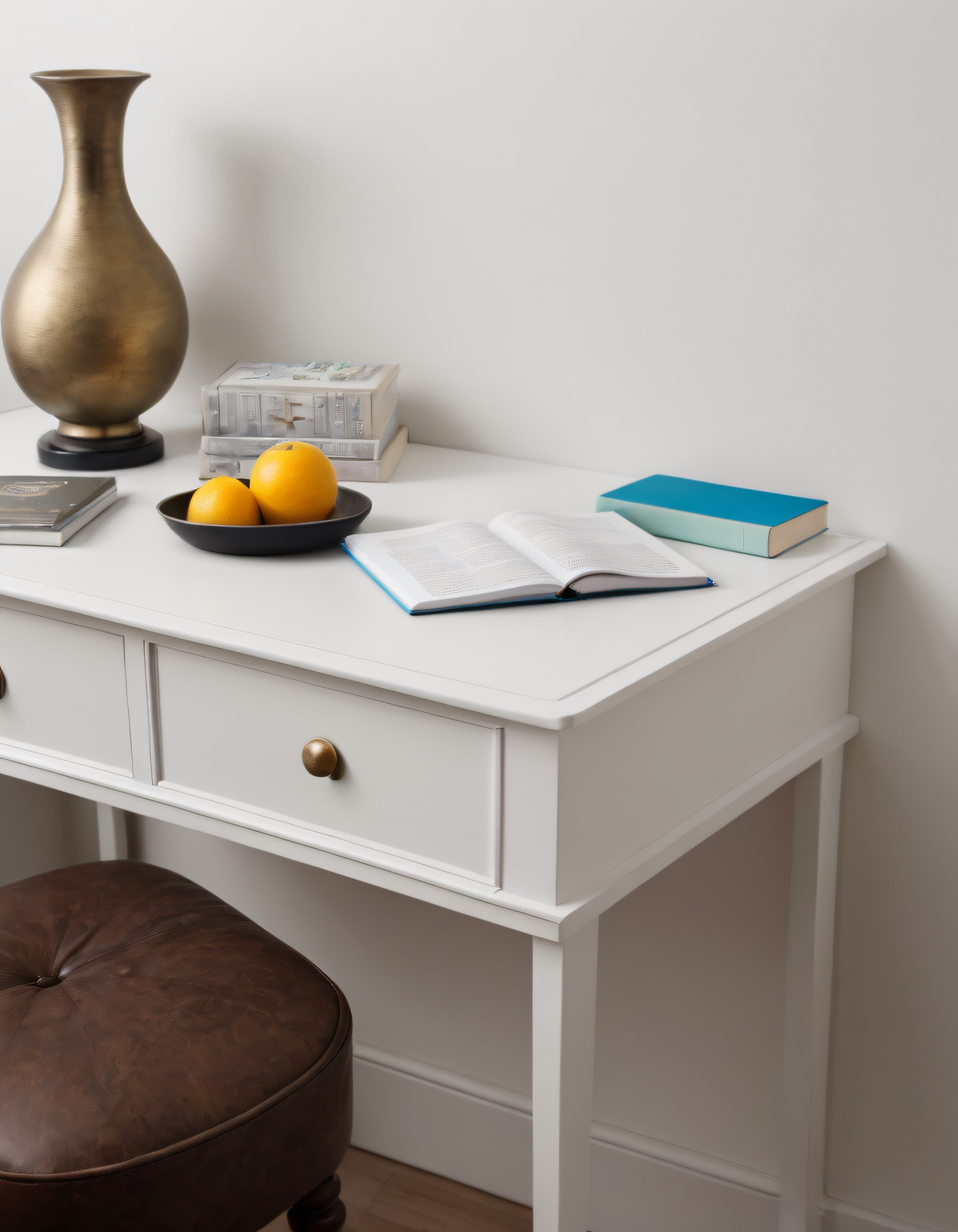 Minimalist Ev Dekoru: Beyaz Çalışma Masası, Kitaplar ve Bronz Vazo