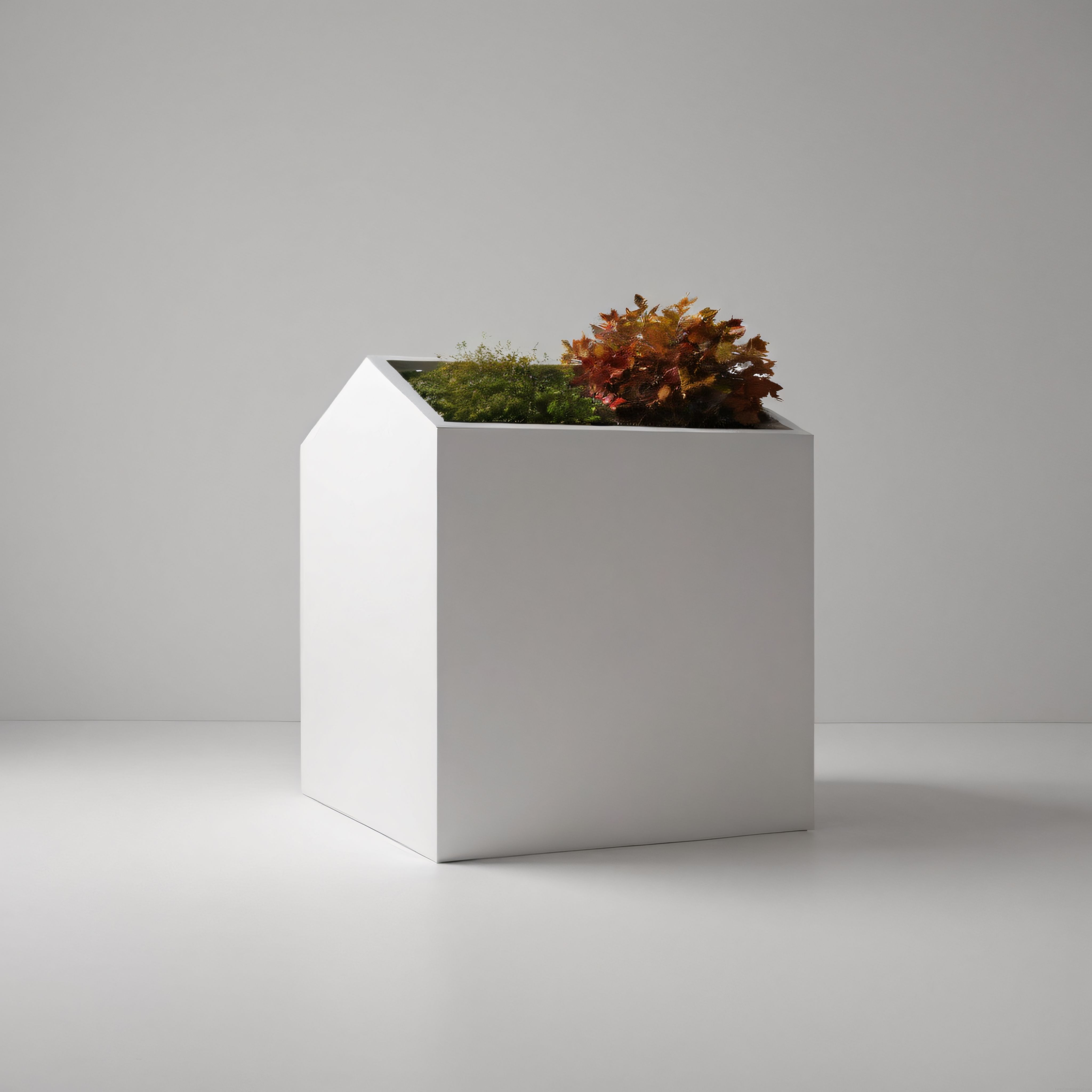 Minimalist ev formunda beyaz iç mekan saksısı ve doğal bitki kompozisyonu