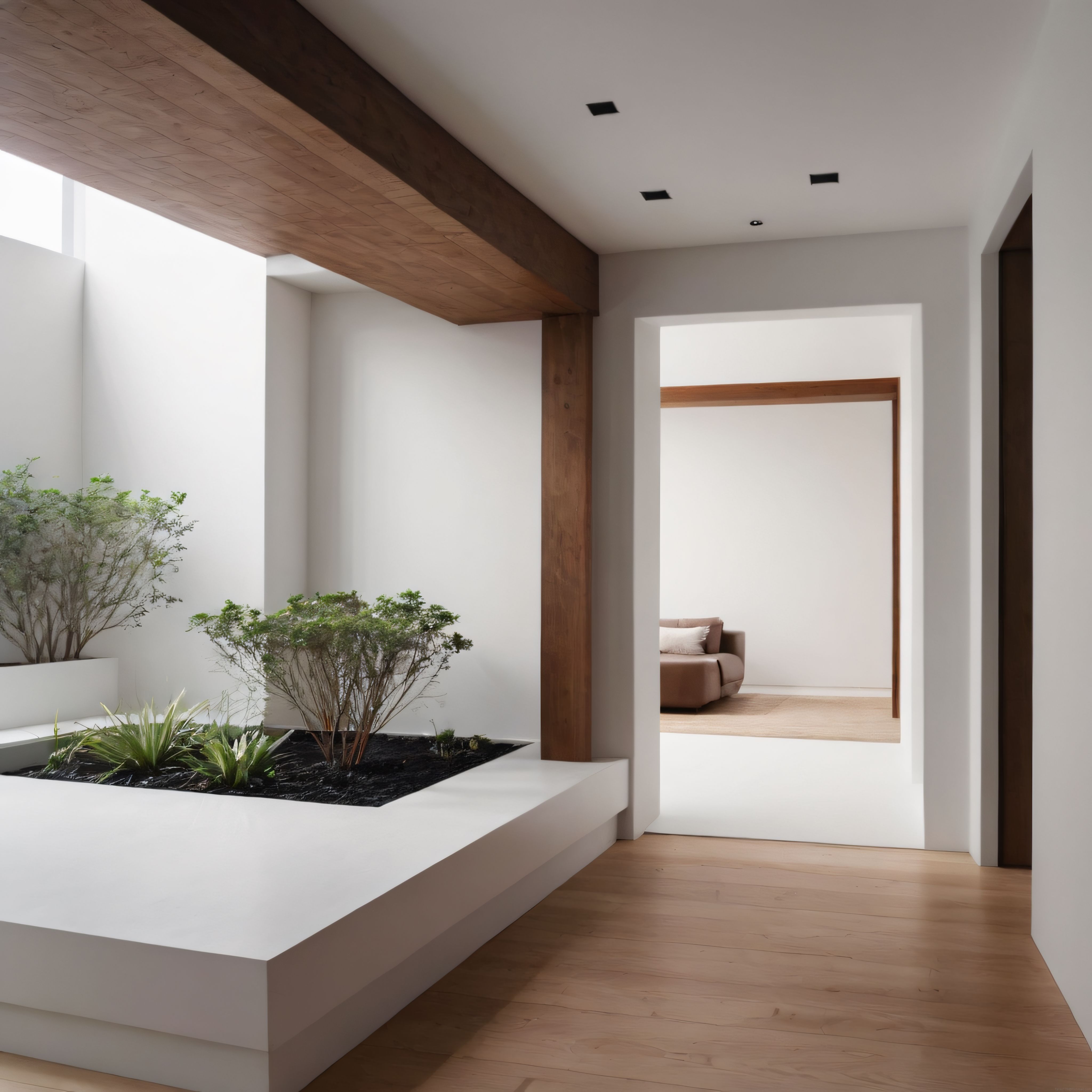 Minimalist Ev İçinde Ferah Işıklı İç Bahçe ve Ahşap Detaylar