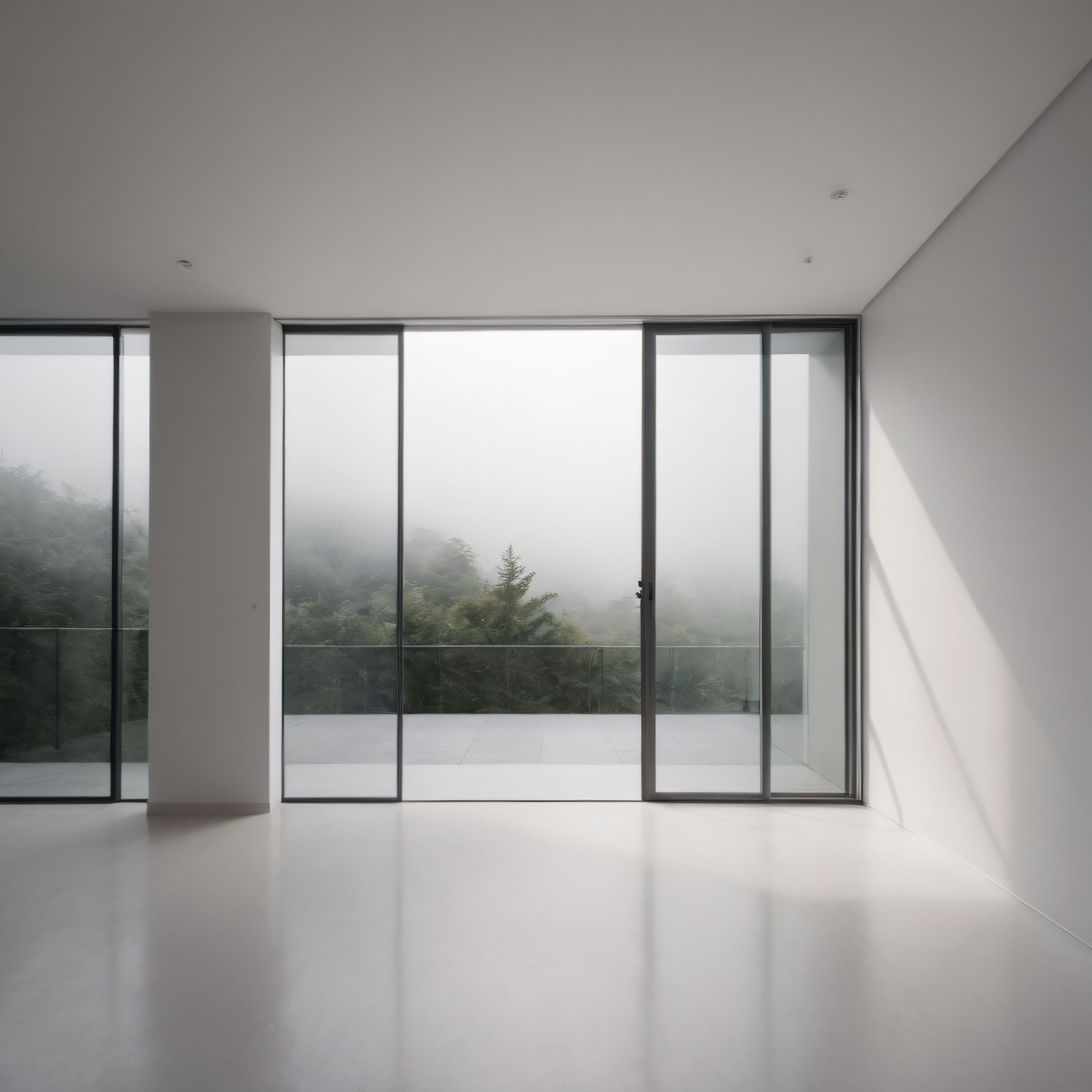 Minimalist Ev İçinde Sisli Orman Manzaralı Panoramik Cam Tasarım