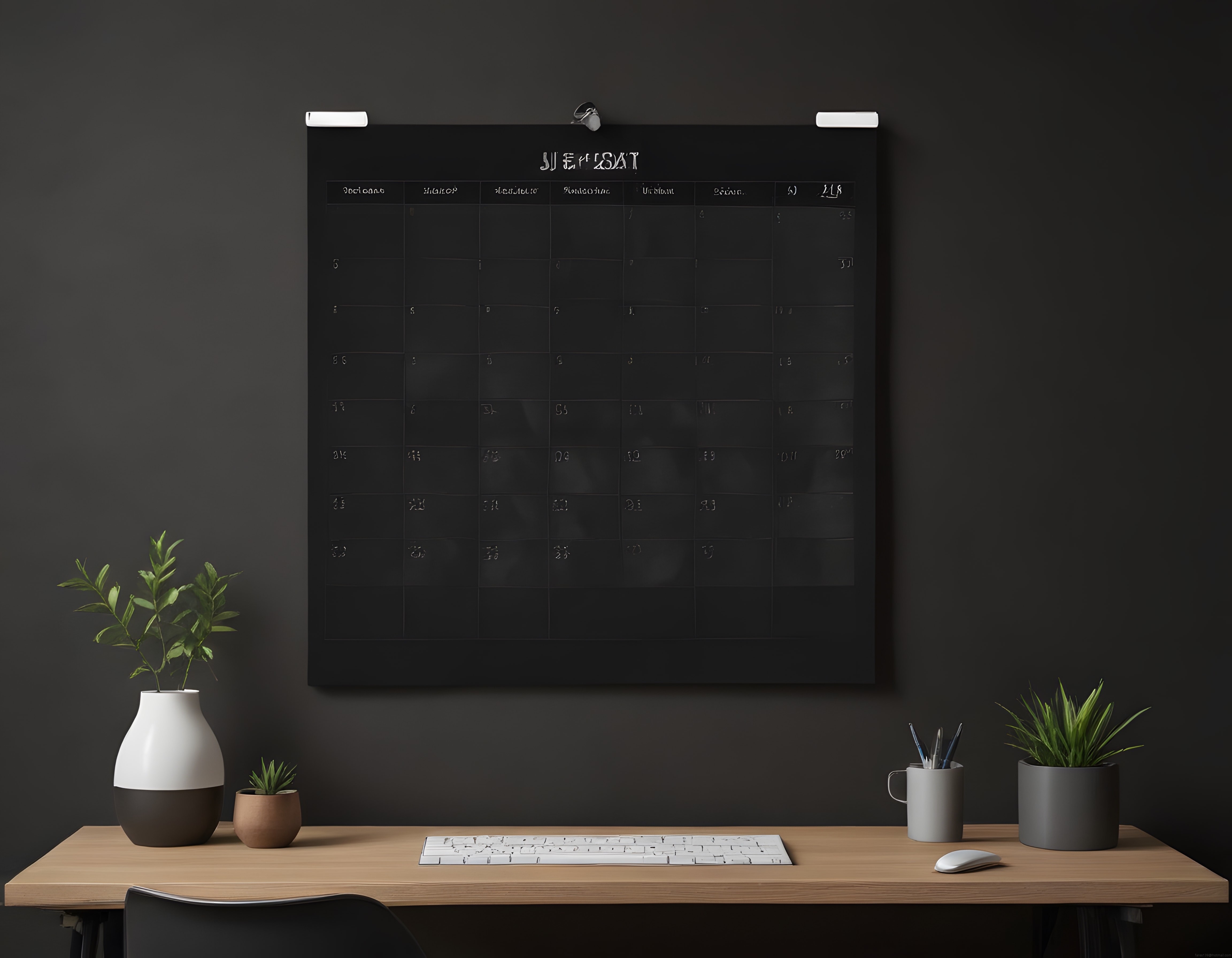 Minimalist Ev Ofis Dekorasyonu: Koyu Duvar ve Ahşap Çalışma Masası Düzeni