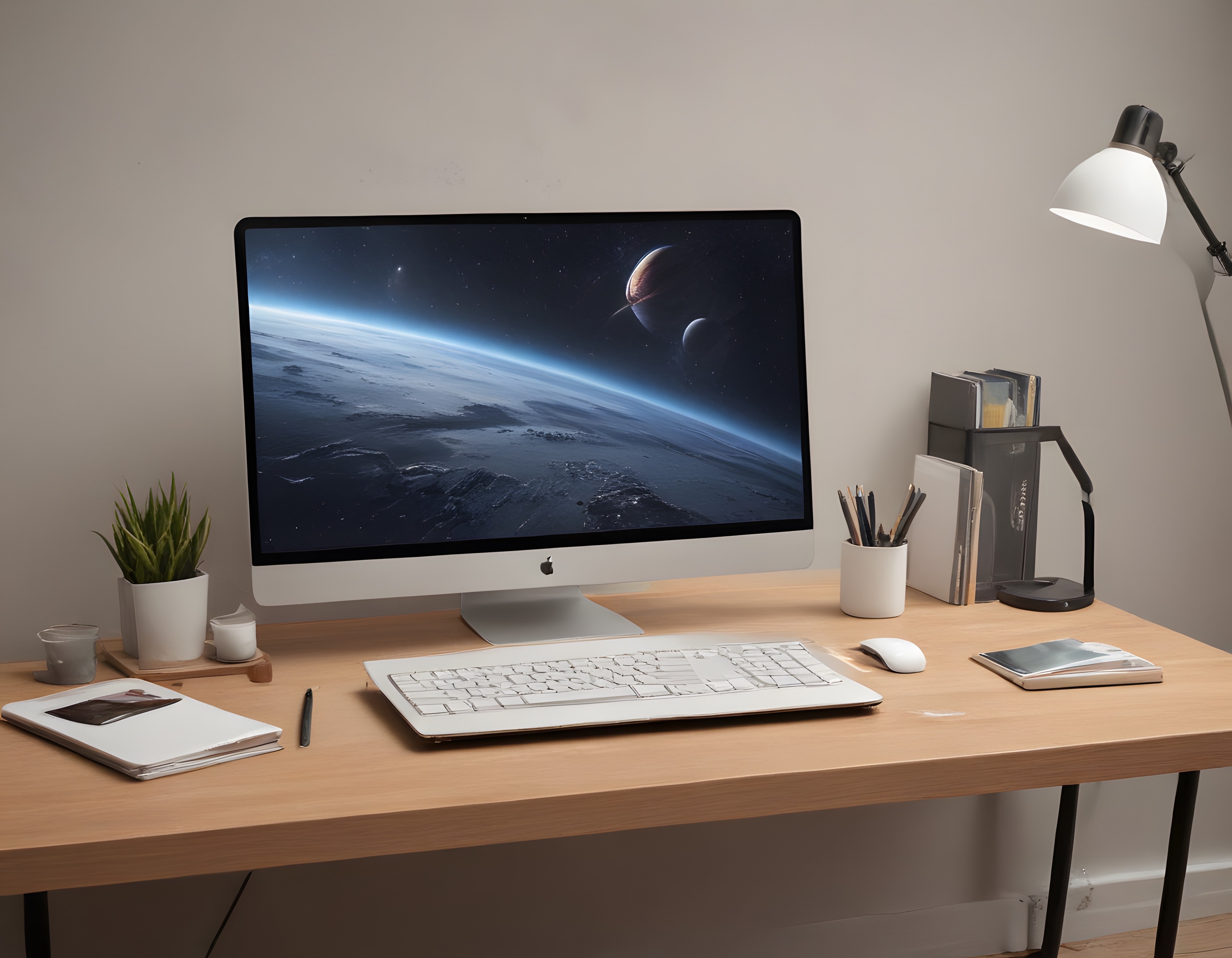 Minimalist Ev Ofis Tasarımı: Uzay Temalı Ekranla Huzurlu Çalışma Köşesi