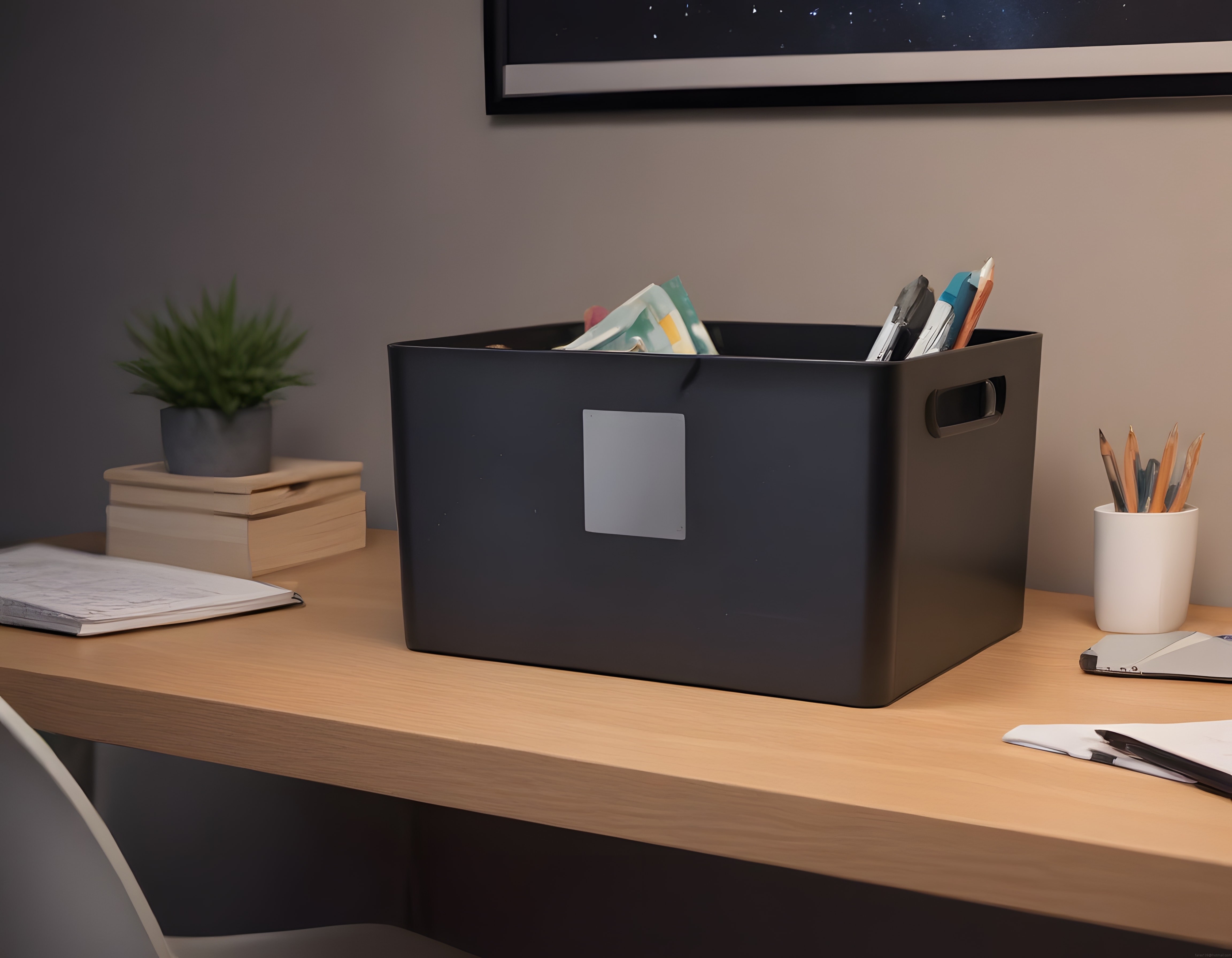 Minimalist ev ofisi düzeninde stil sahibi saklama kutusu ve masa aksesuarları