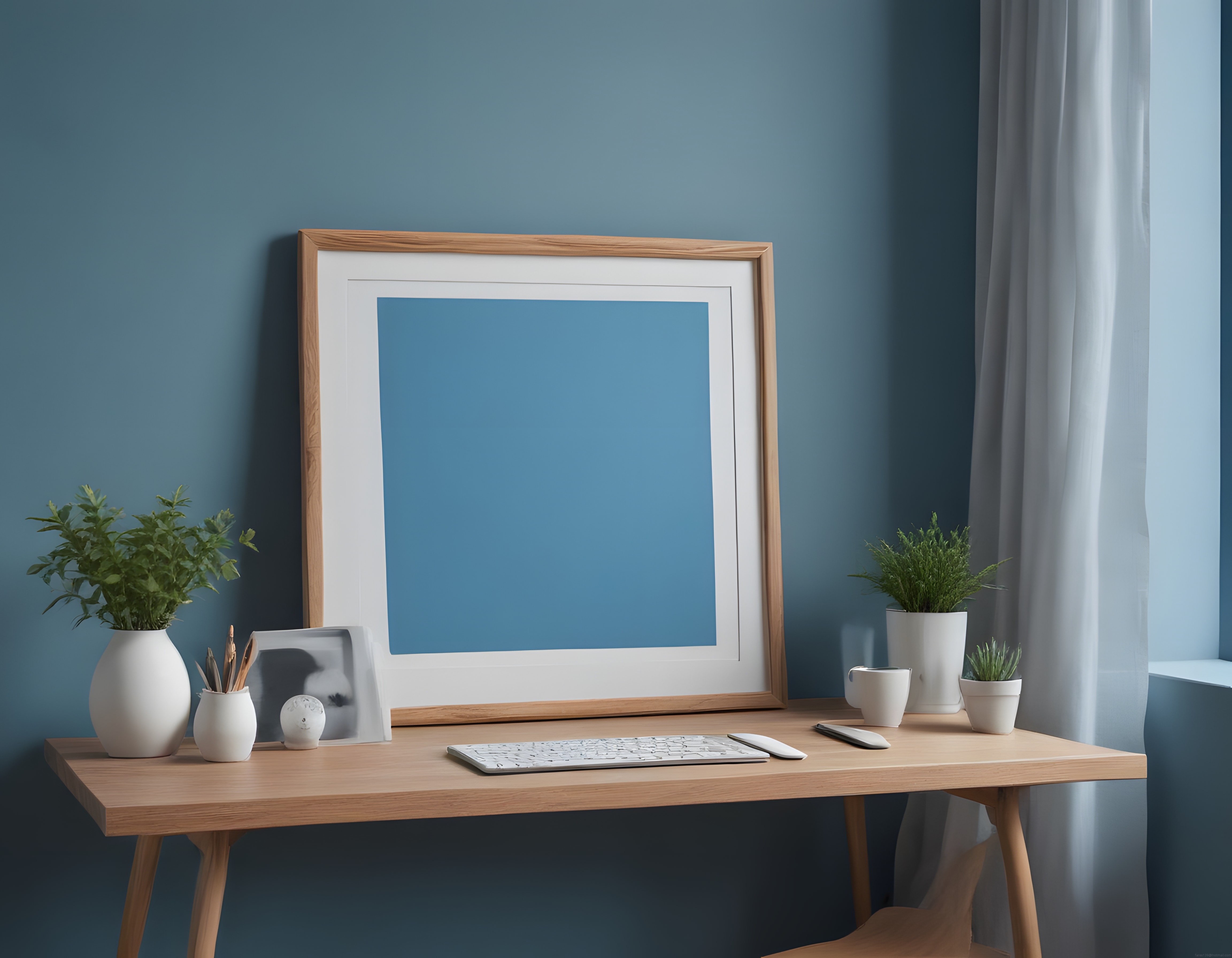 Minimalist Ev Ofisi: Mavi Duvar Önünde Ahşap Masa ve Boş Poster Çerçevesi