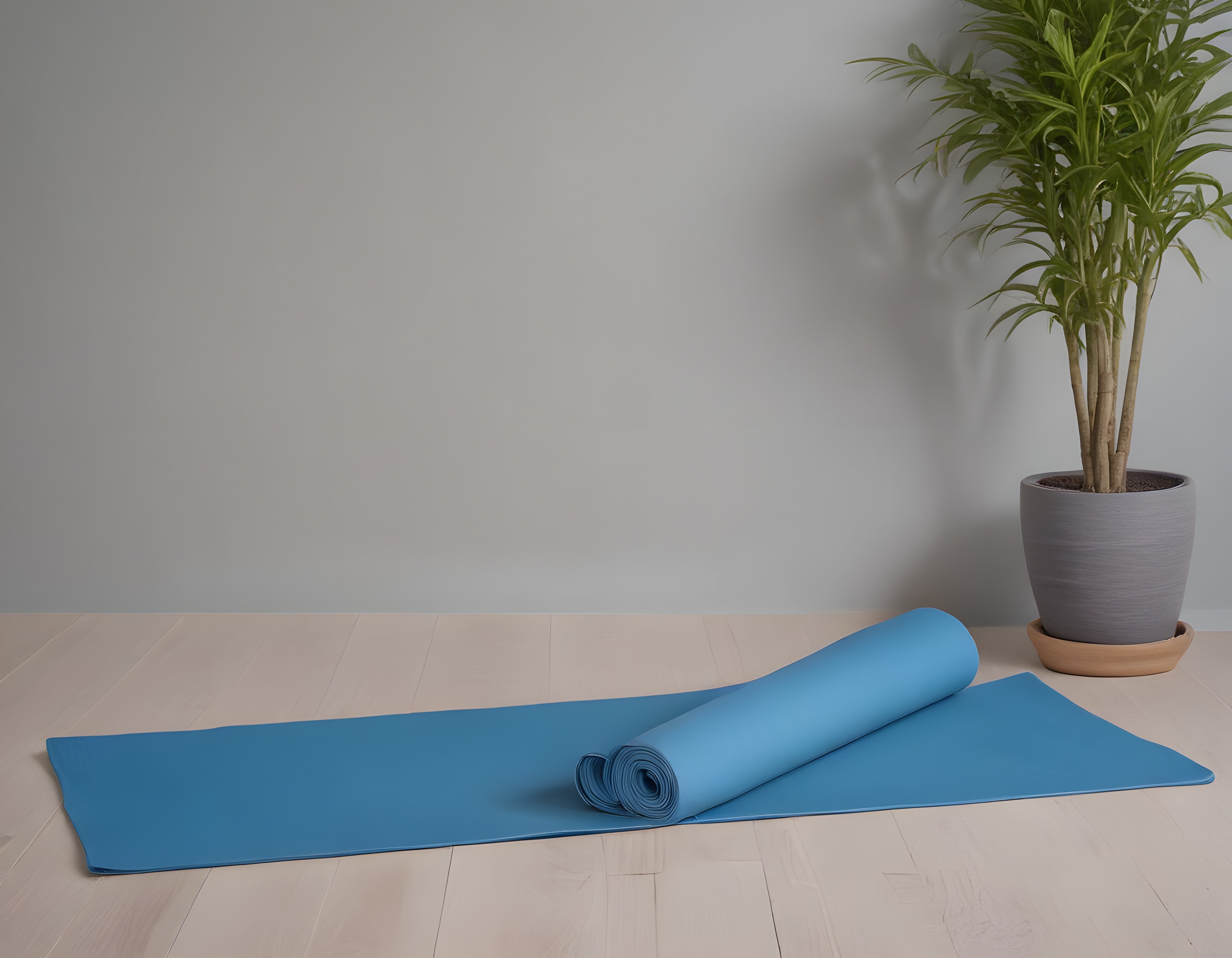 minimalist evde mavi yoga matı ve saksı bitkisi ile sakin spor köşesi