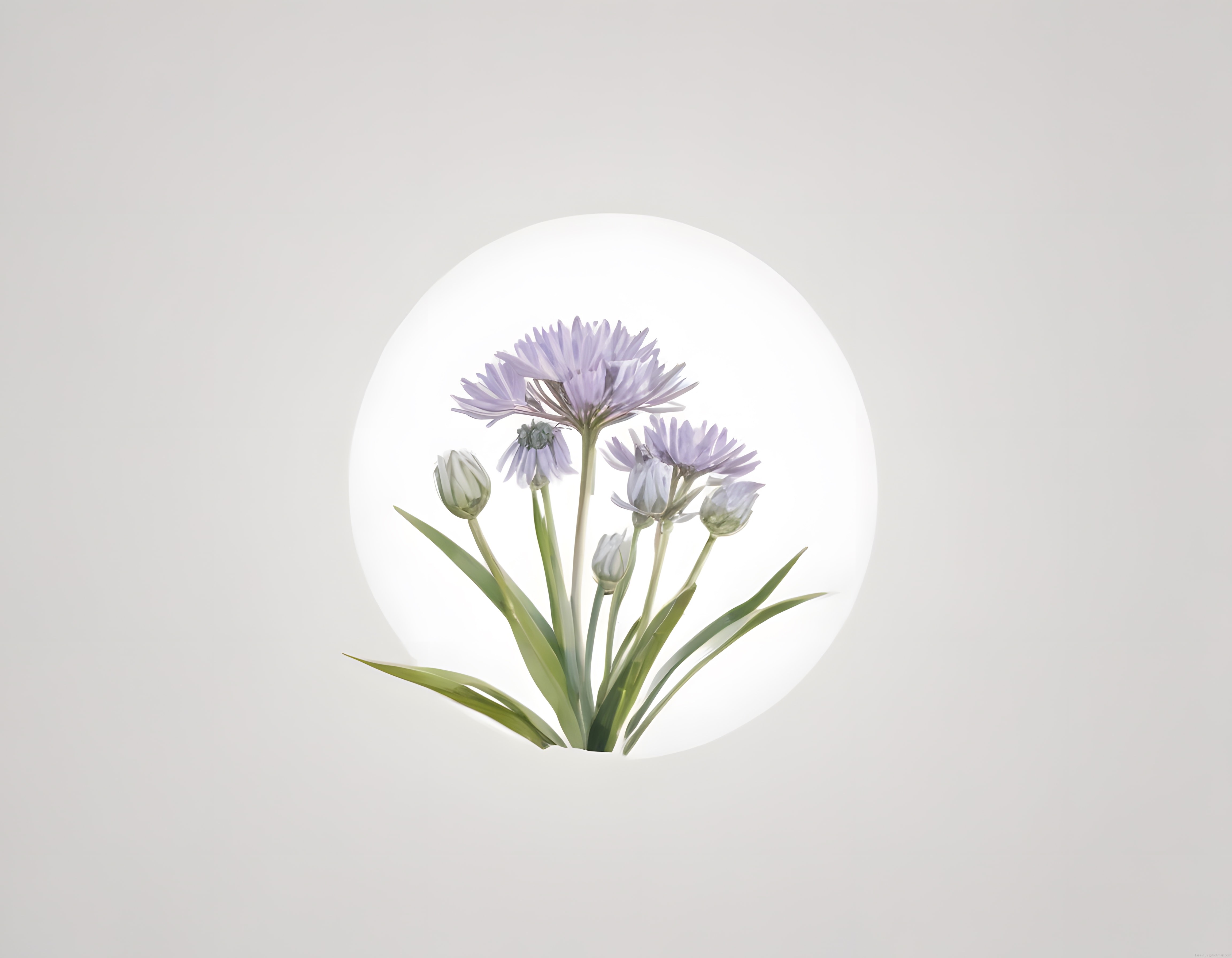 Minimalist Fonda Beyaz Daire İçinde Lila Süs Soğanı Çiçek Demeti