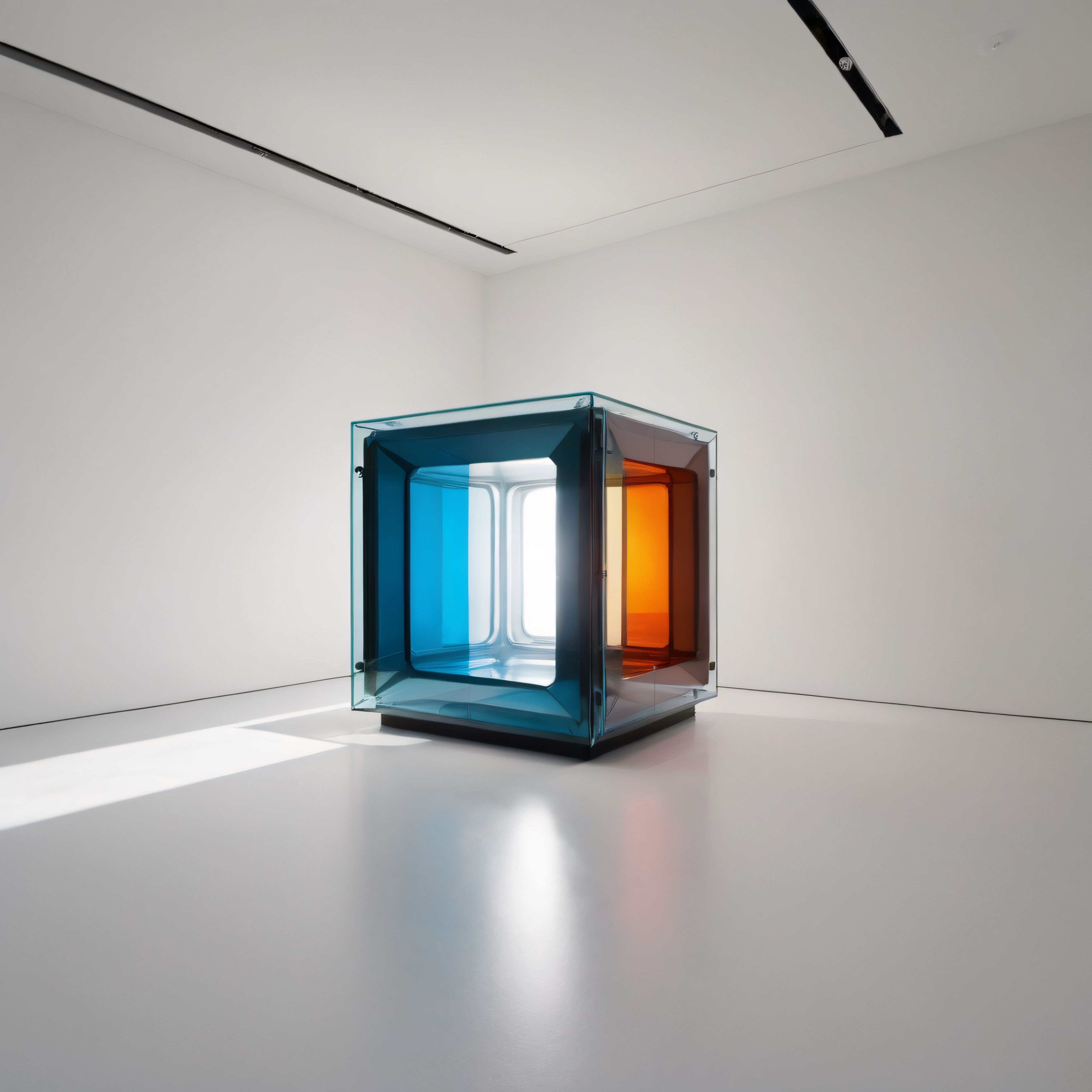 Minimalist Galeri İçinde Işık Oyunlu Renkli Cam Küp Enstalasyonu