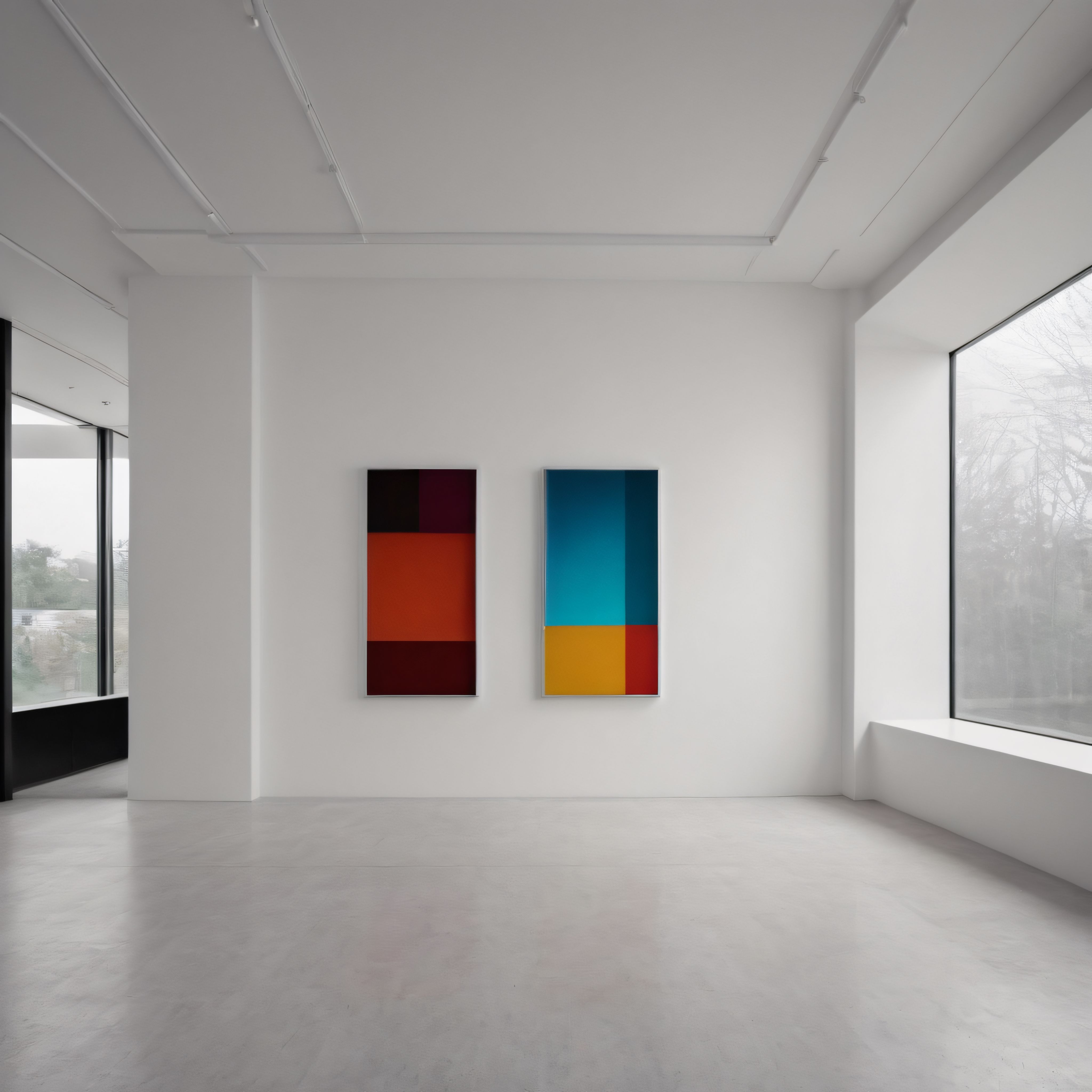 Minimalist Galeri İçinde Soyut Renk Bloklarından Oluşan İki Modern Tablo