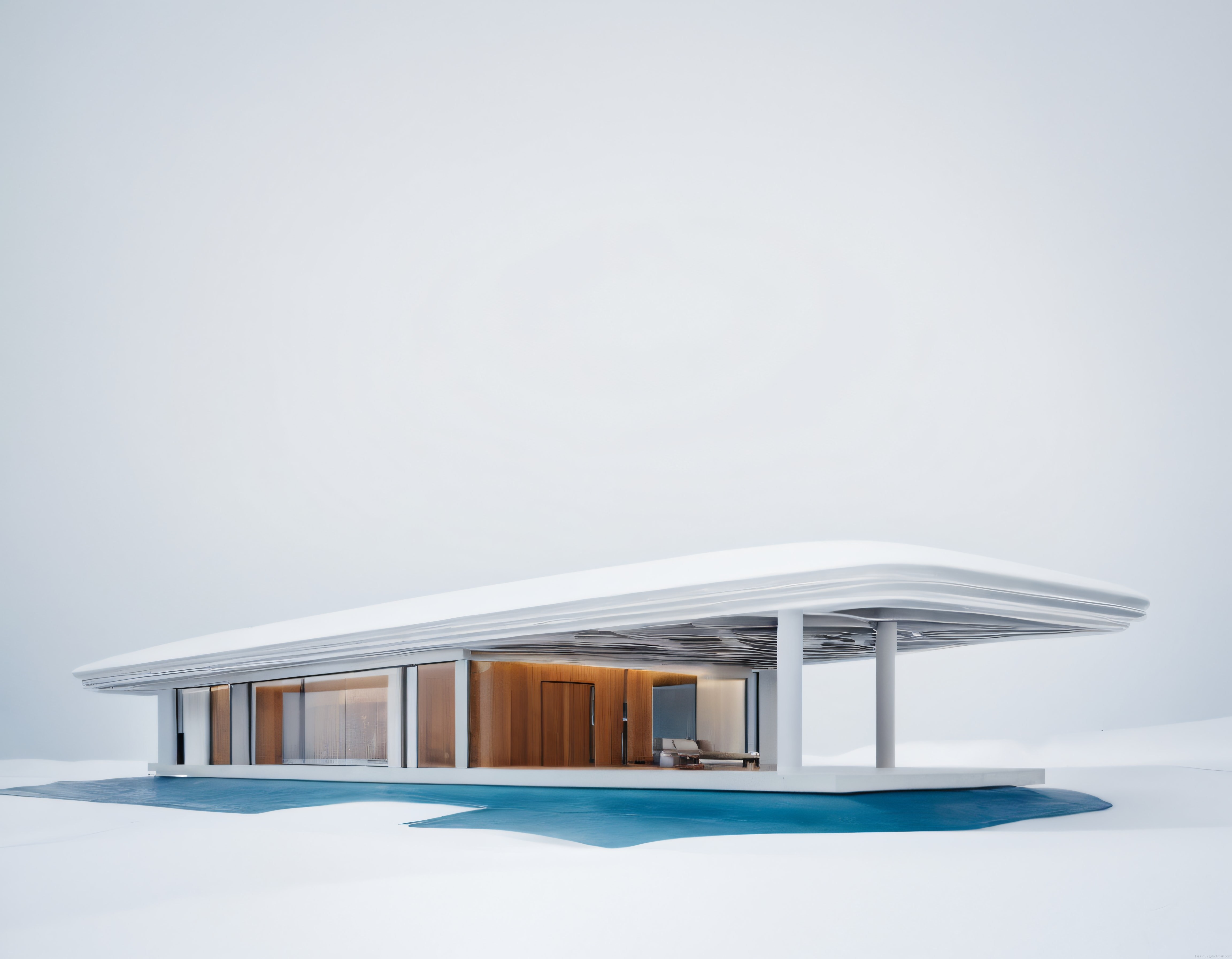 Minimalist Gelecek Villa Tasarımı: Beyaz Ufo Çatı, Ahşap İç Mekan ve Havuz