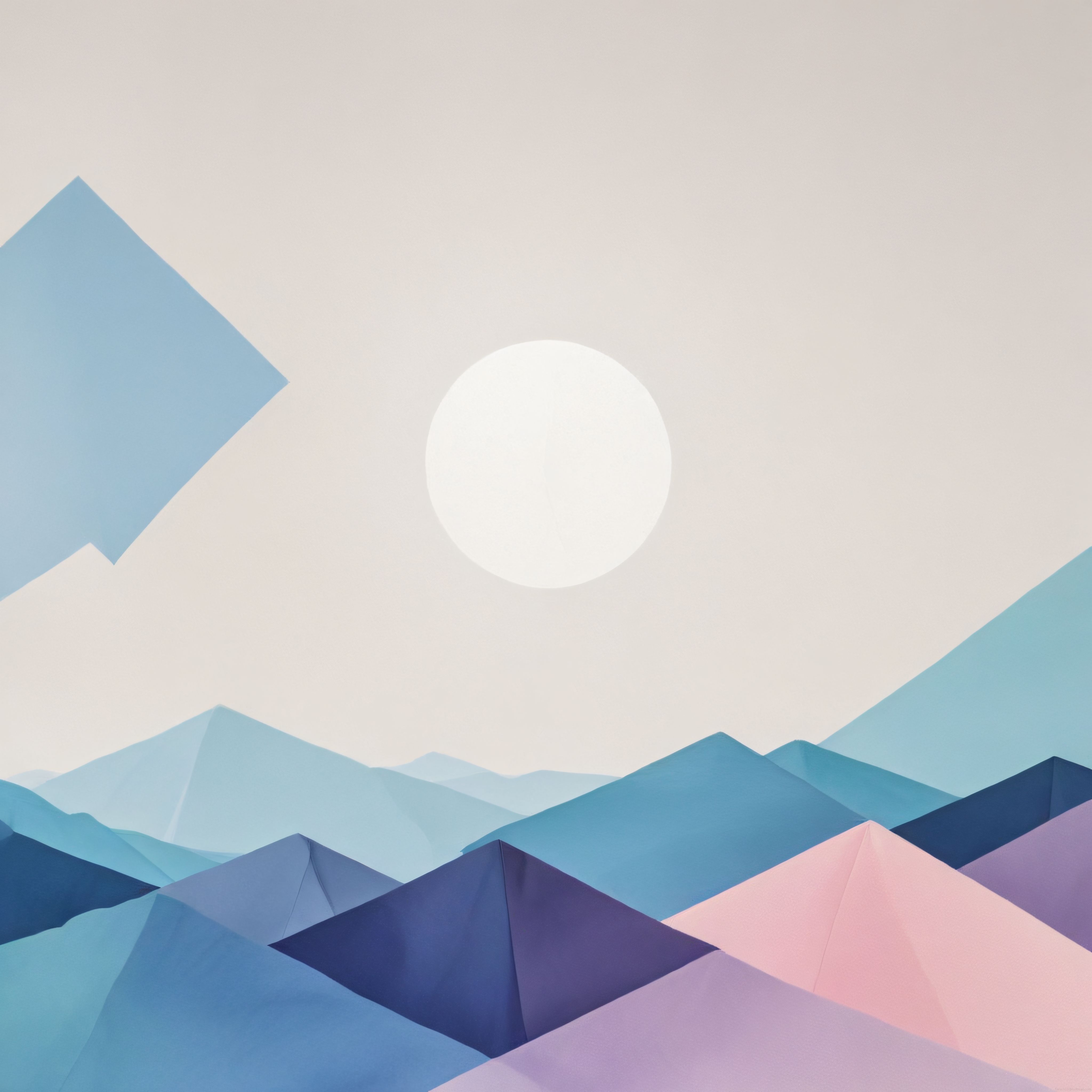 Minimalist Geometrik Dağlar Pastel Gökyüzünde Beyaz Ay Manzarası