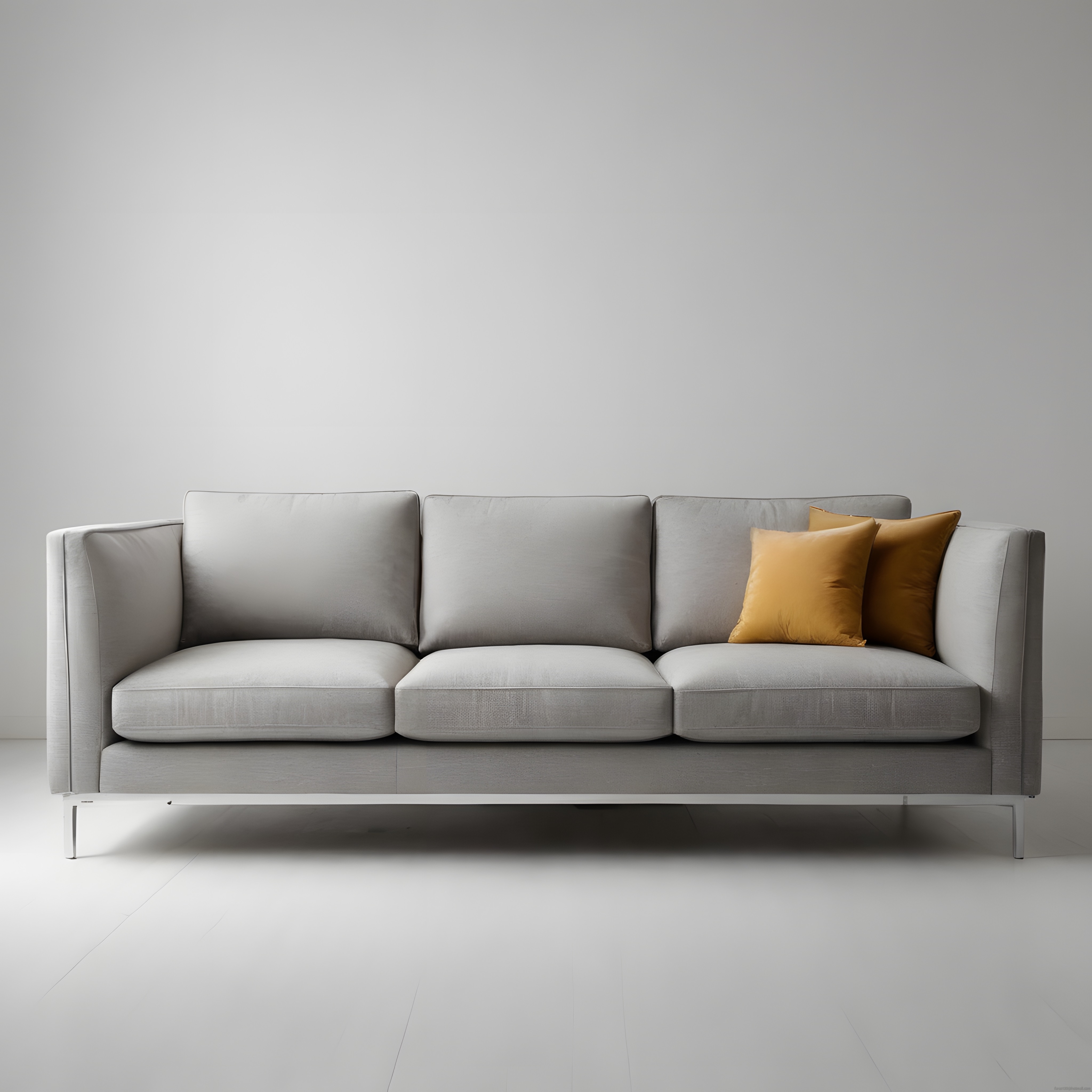 Minimalist Gri Kanepe ve Hardal Sarısı Yastıklarla Sade Salon Dekorasyonu