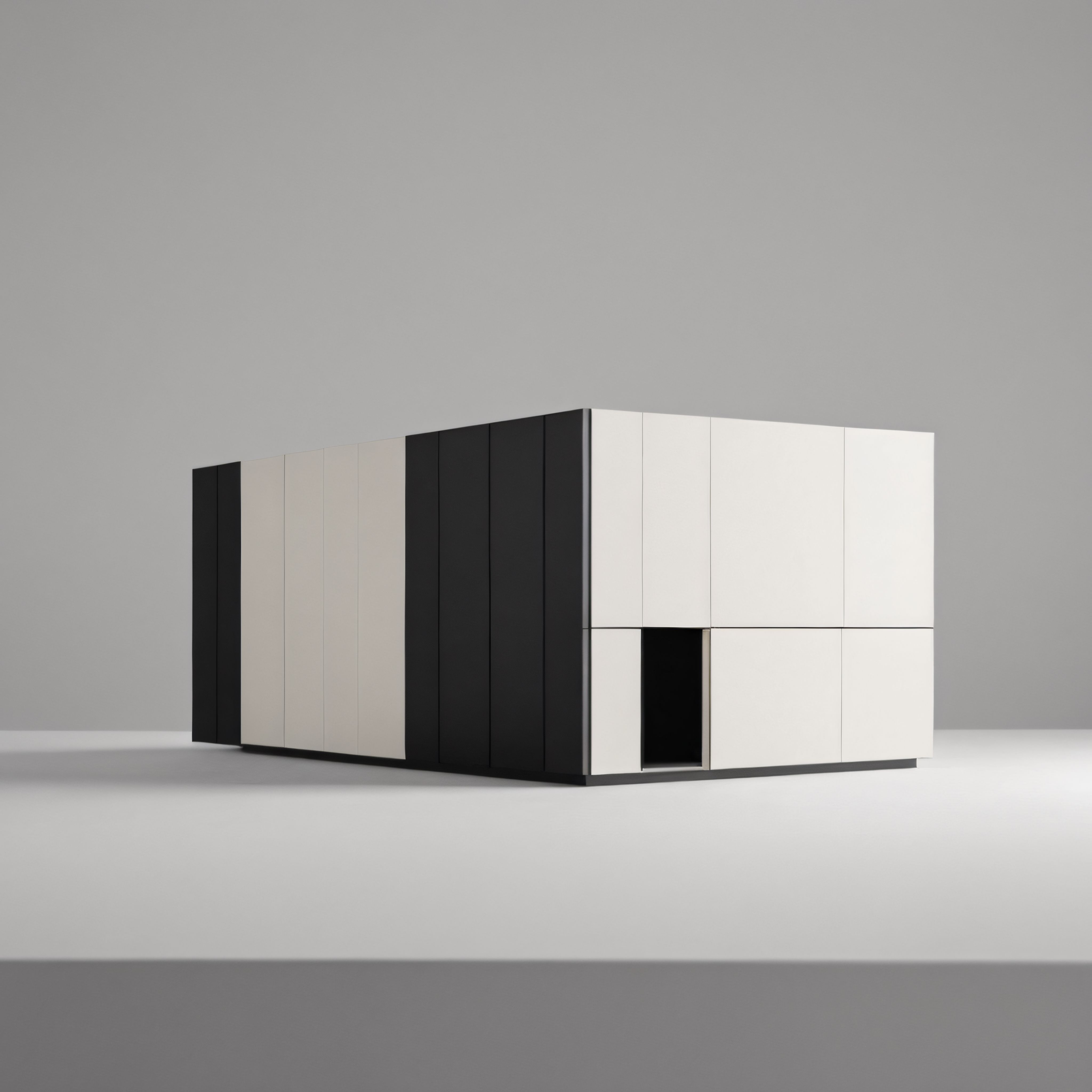 Minimalist gri zeminde siyah beyaz panelli modern mimari yapı gösterimi