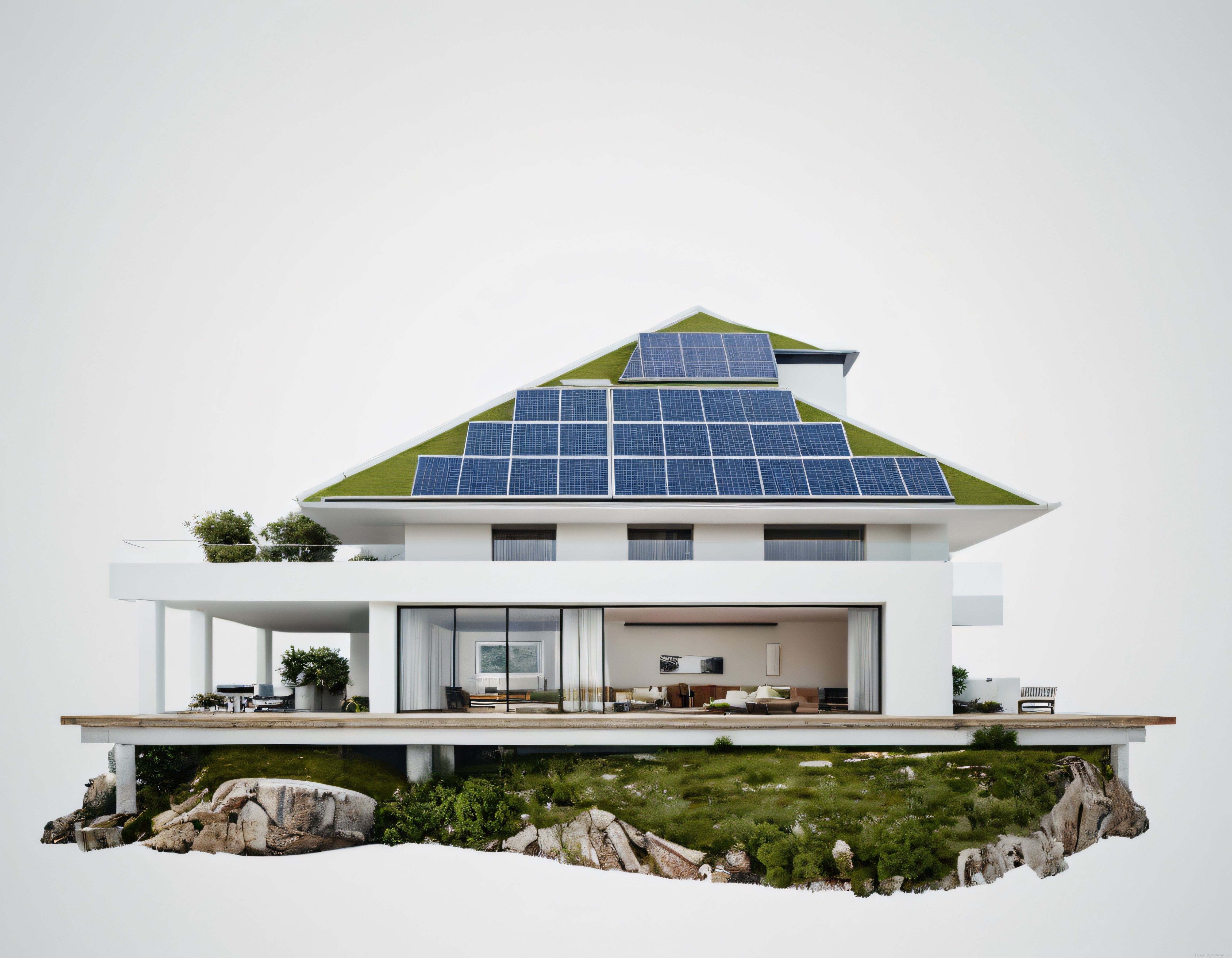 Minimalist Güneş Panelli ve Yeşil Çatılı Sürdürülebilir Ev Tasarımı