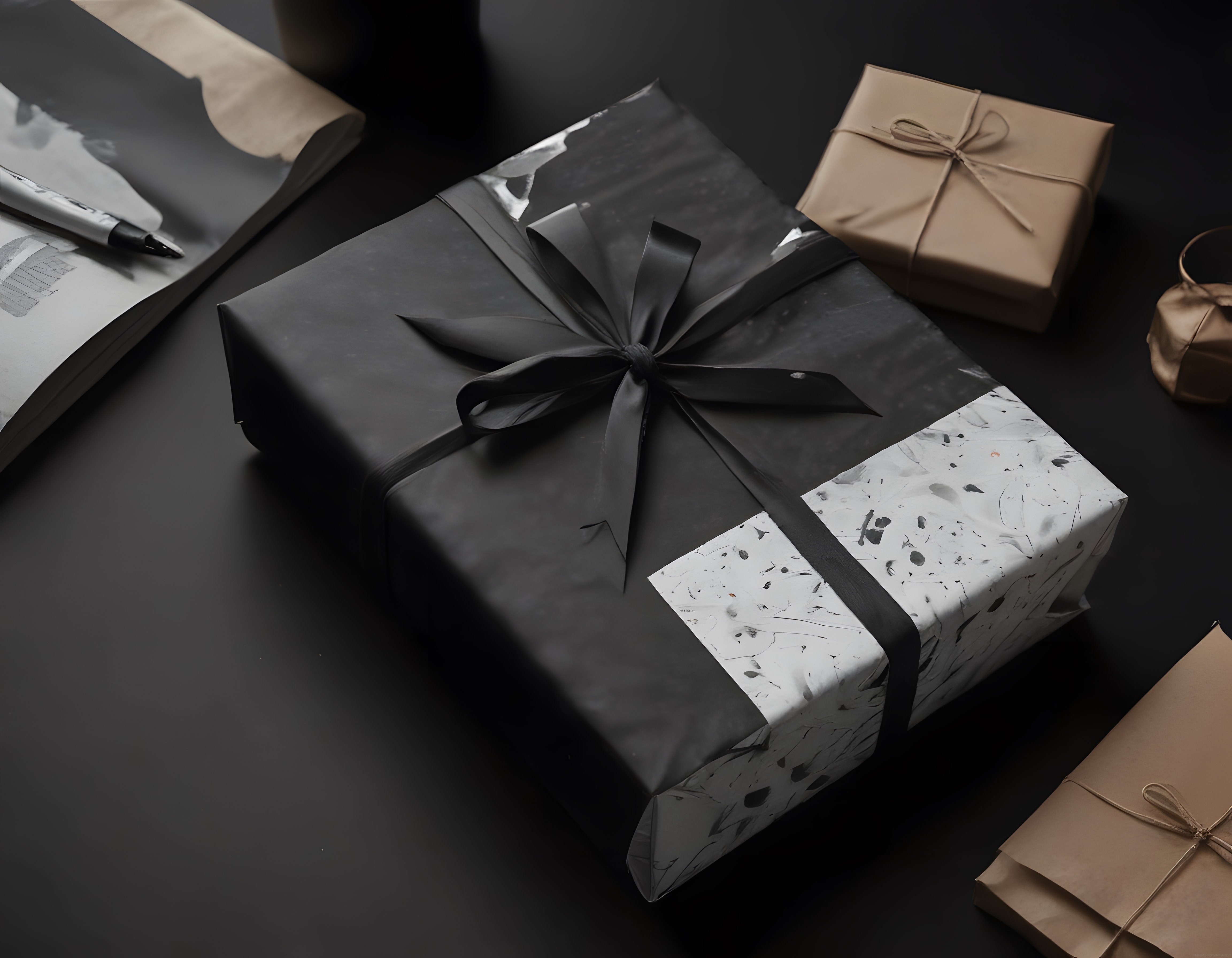 Minimalist Hediye Paketleme: Siyah Kağıt, Mermer Detay ve Şık Kurdele