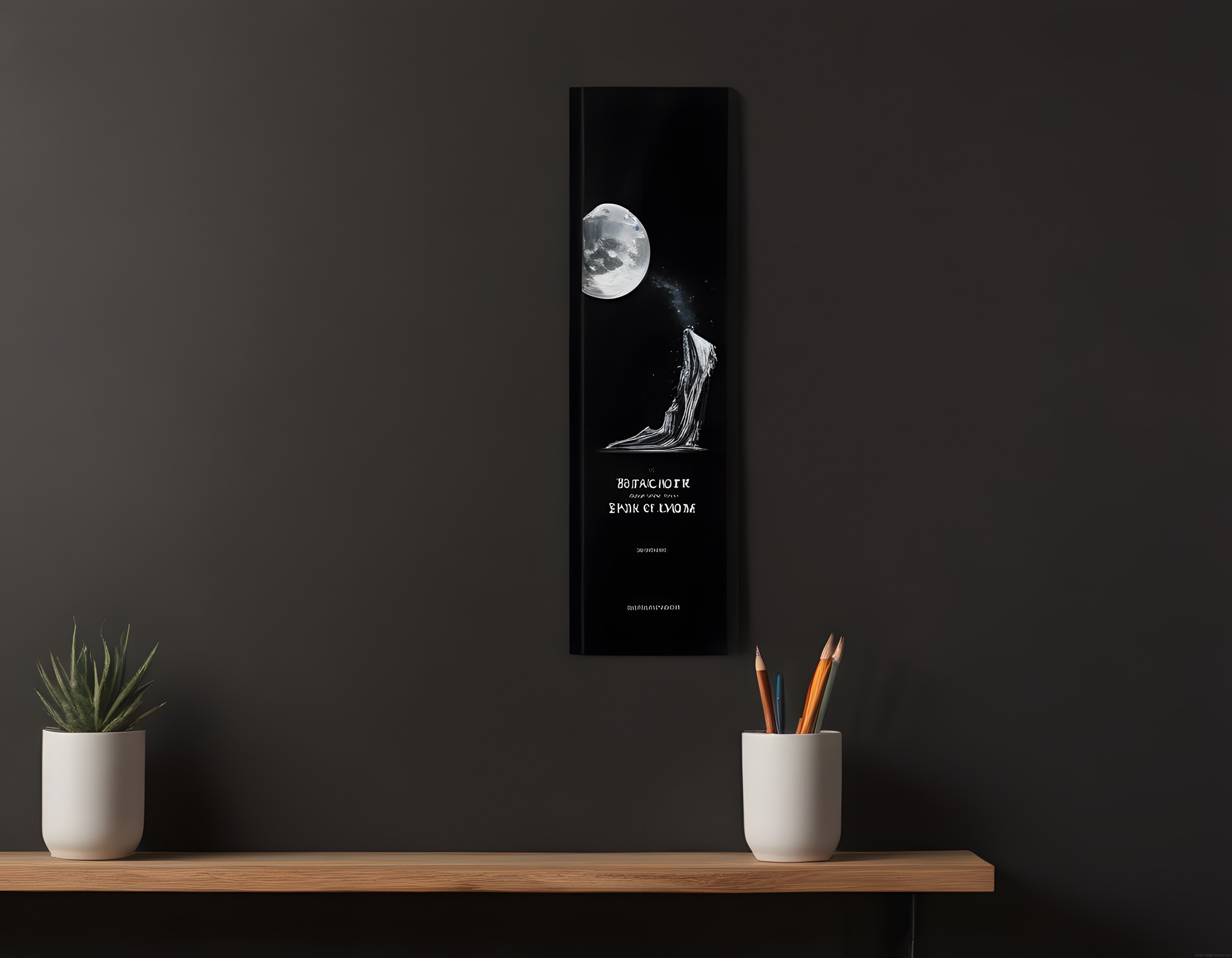 Minimalist iç mekan tasarımında ay temalı dikey poster ve doğal ahşap raf