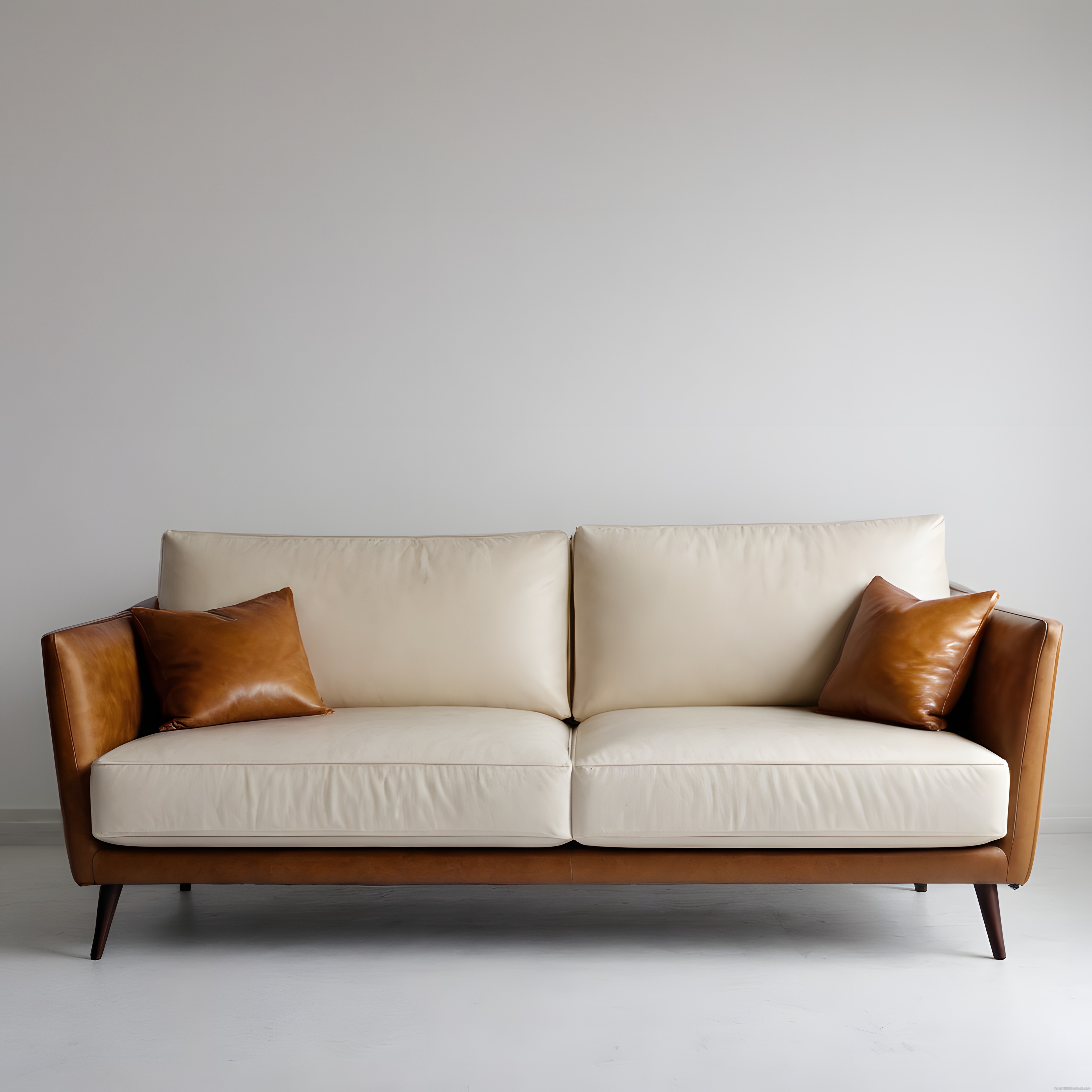 Minimalist iç mekan tasarımında bej koltuk ve taba deri yastık detayları