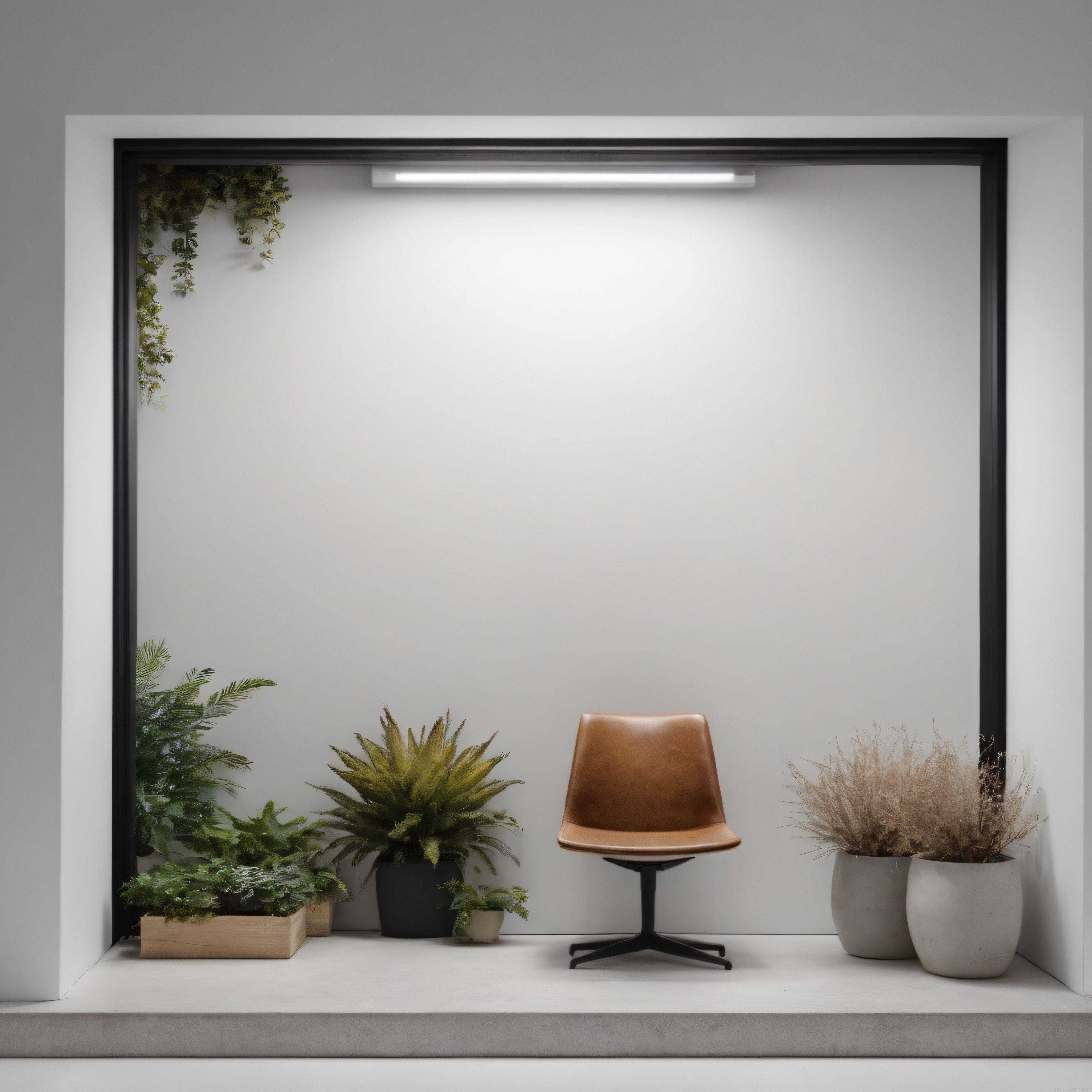 Minimalist iç mekan tasarımında bitkiler ve deri sandalye ile sakin köşe