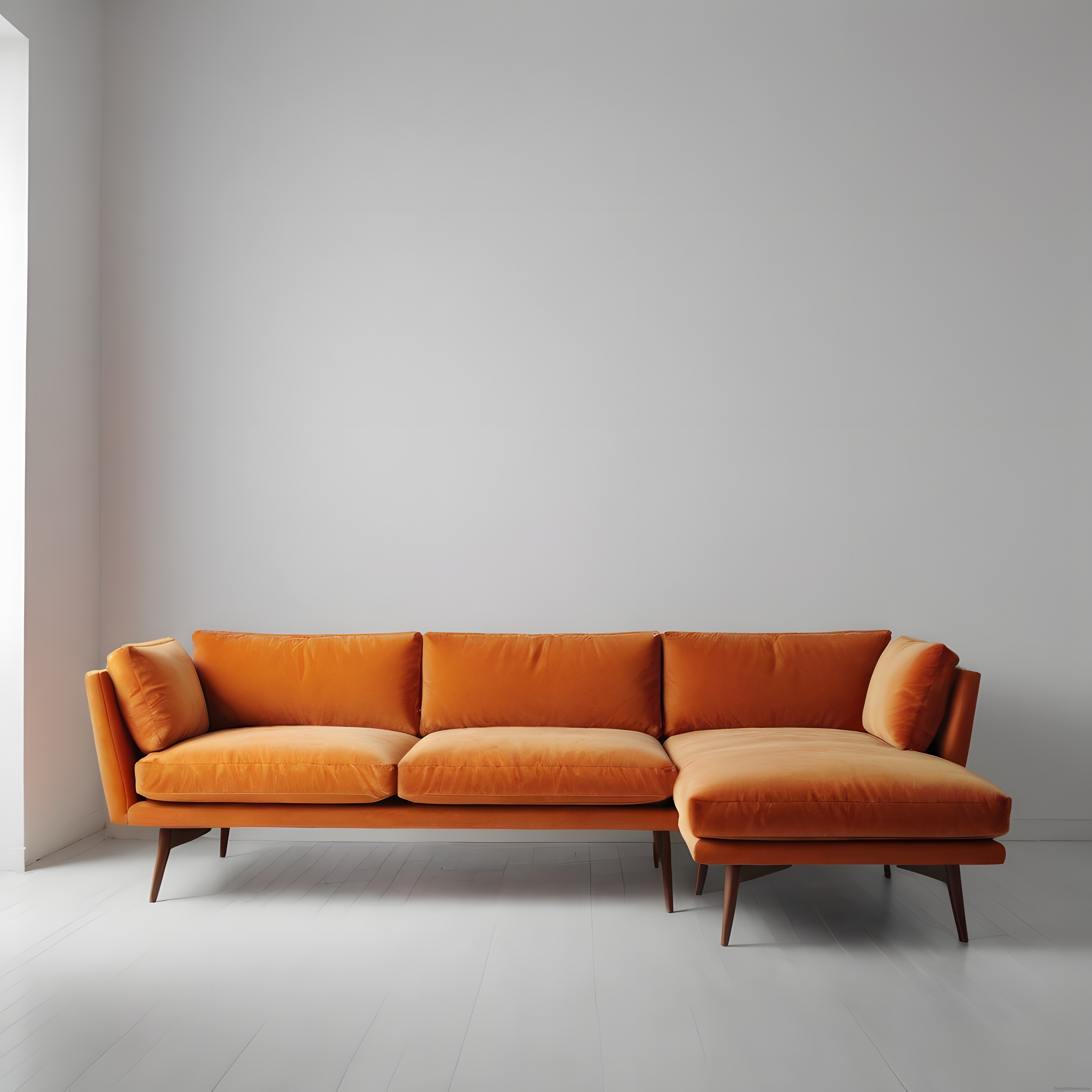Minimalist İç Mekan: Turuncu Kadife Köşe Koltuk ve Beyaz Duvar Tasarımı