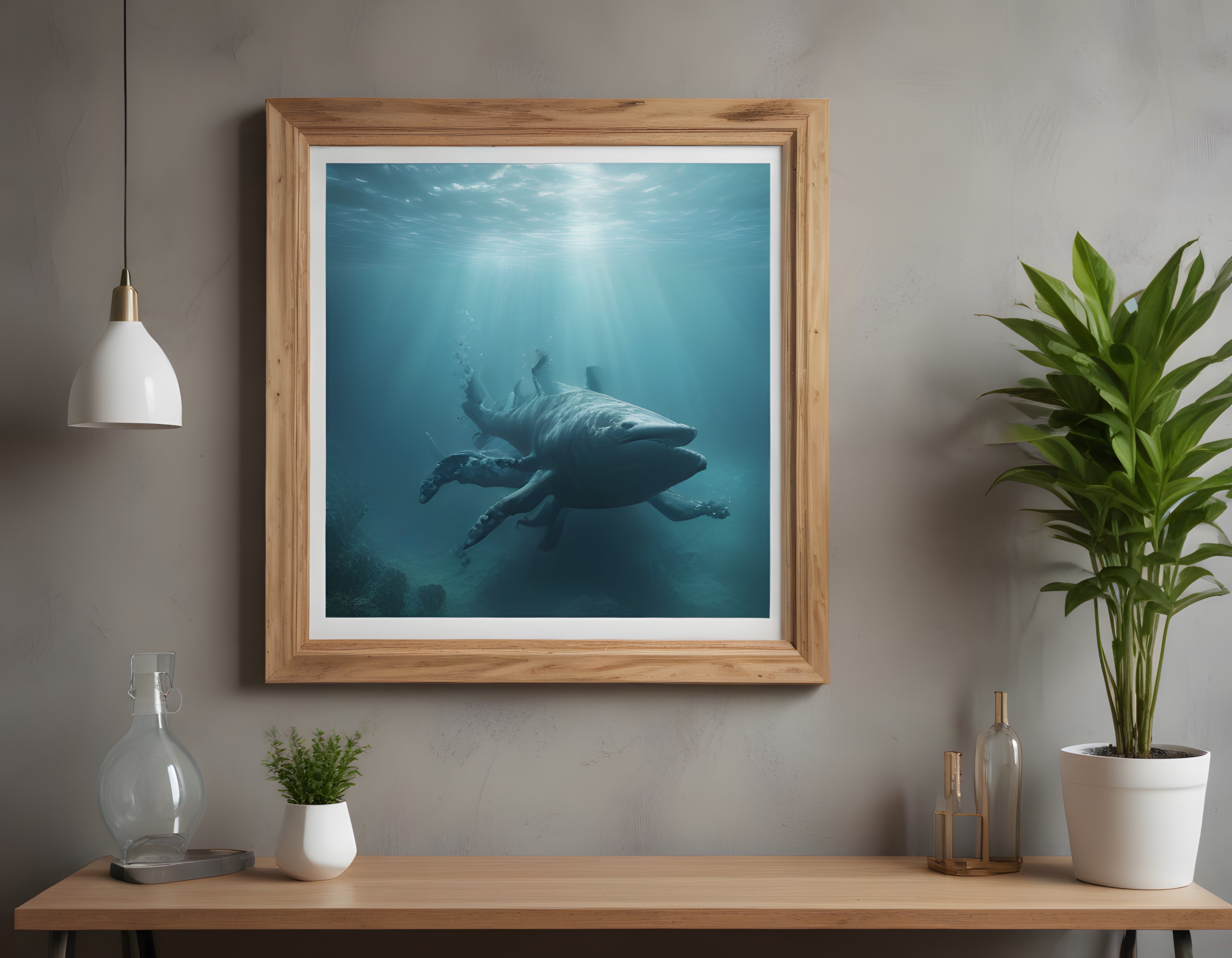Minimalist İç Mekanda Ahşap Çerçeveli Sualtı Canavarı Duvar Tablosu
