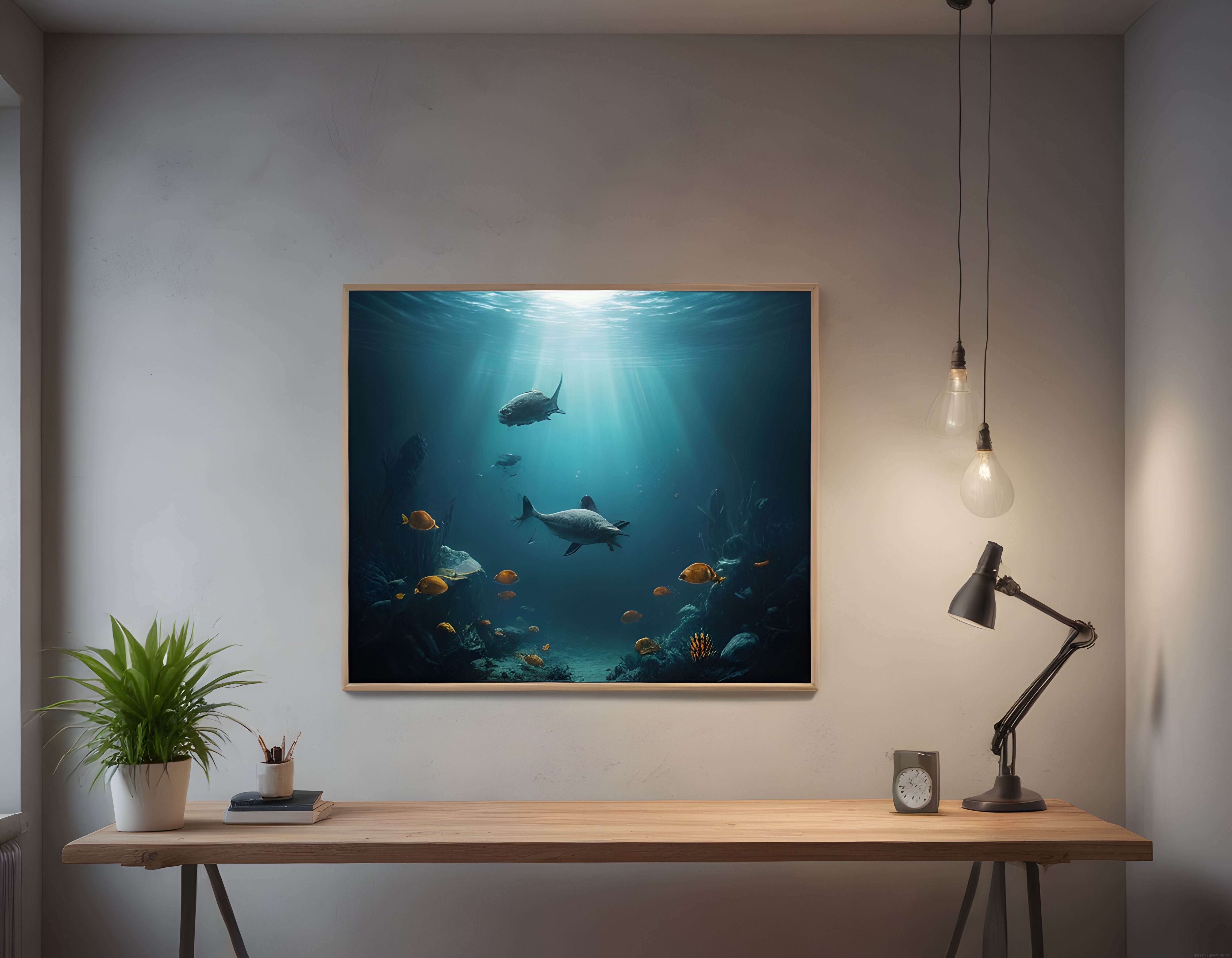Minimalist İç Mekanda Ahşap Masa ve Sualtı Manzaralı Dekoratif Duvar Tablosu