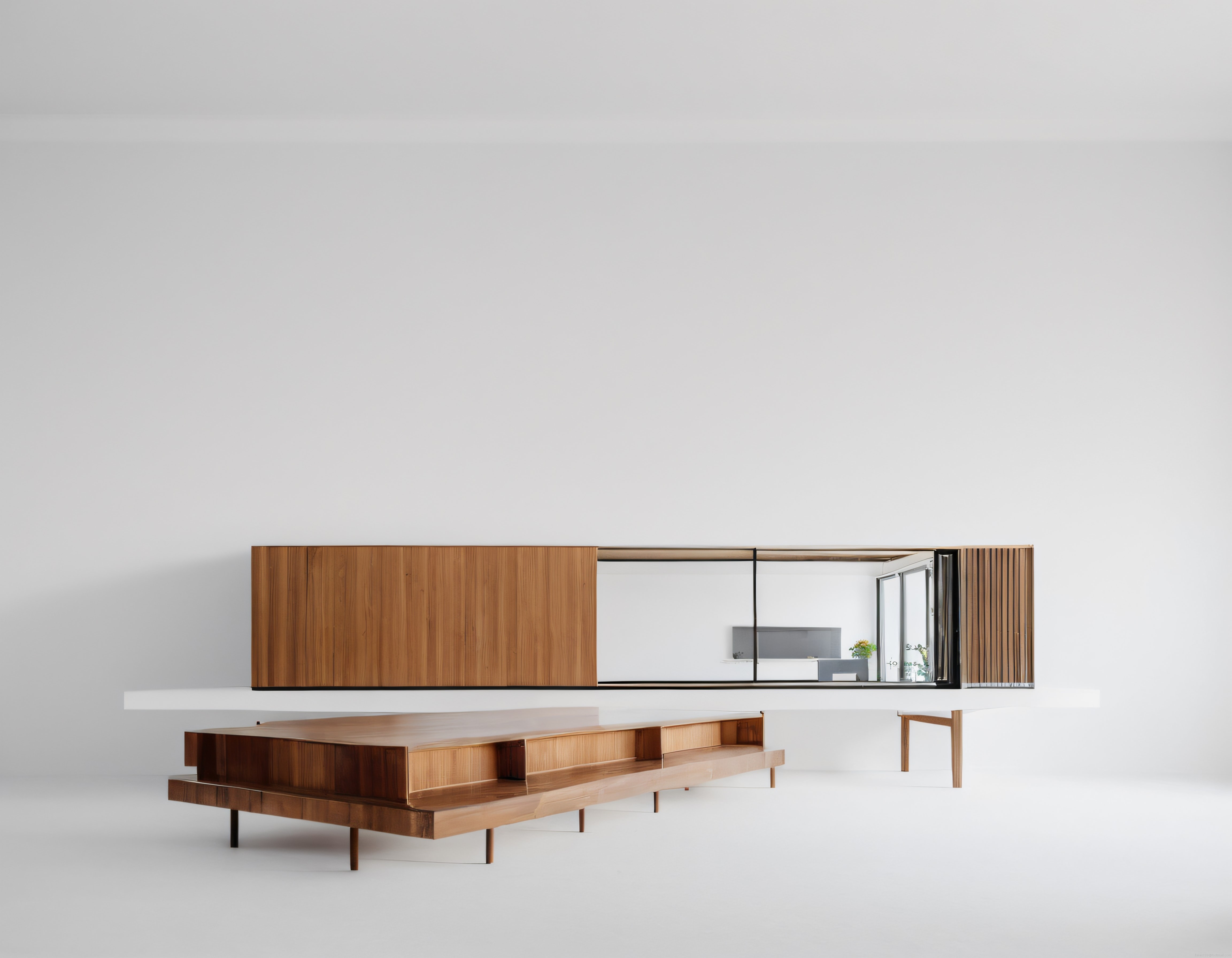 Minimalist iç mekanda ahşap merdiven platformu ve yatay pencere detayı