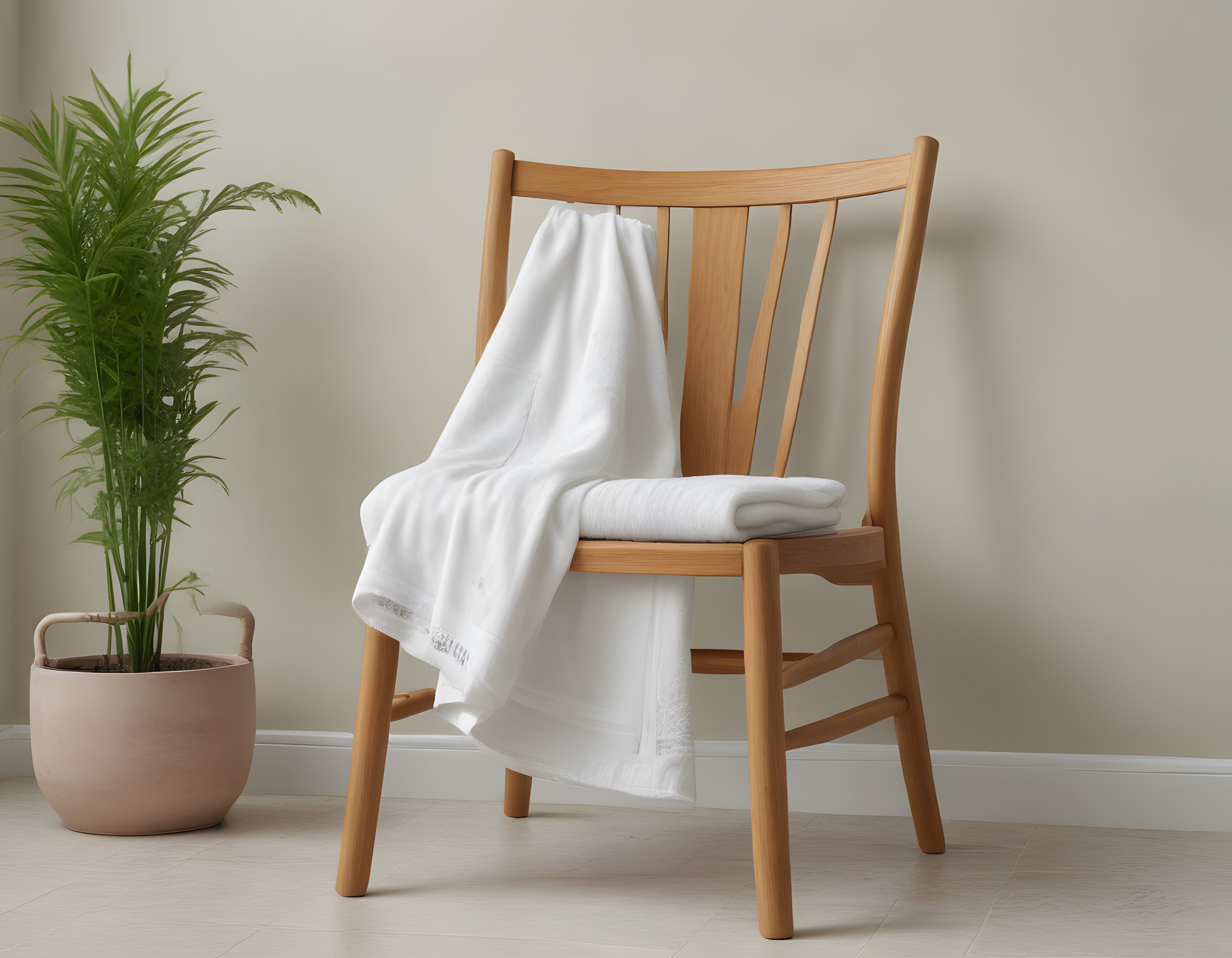 Minimalist İç Mekanda Ahşap Sandalye ve Beyaz Havlu ile Sıcak Atmosfer