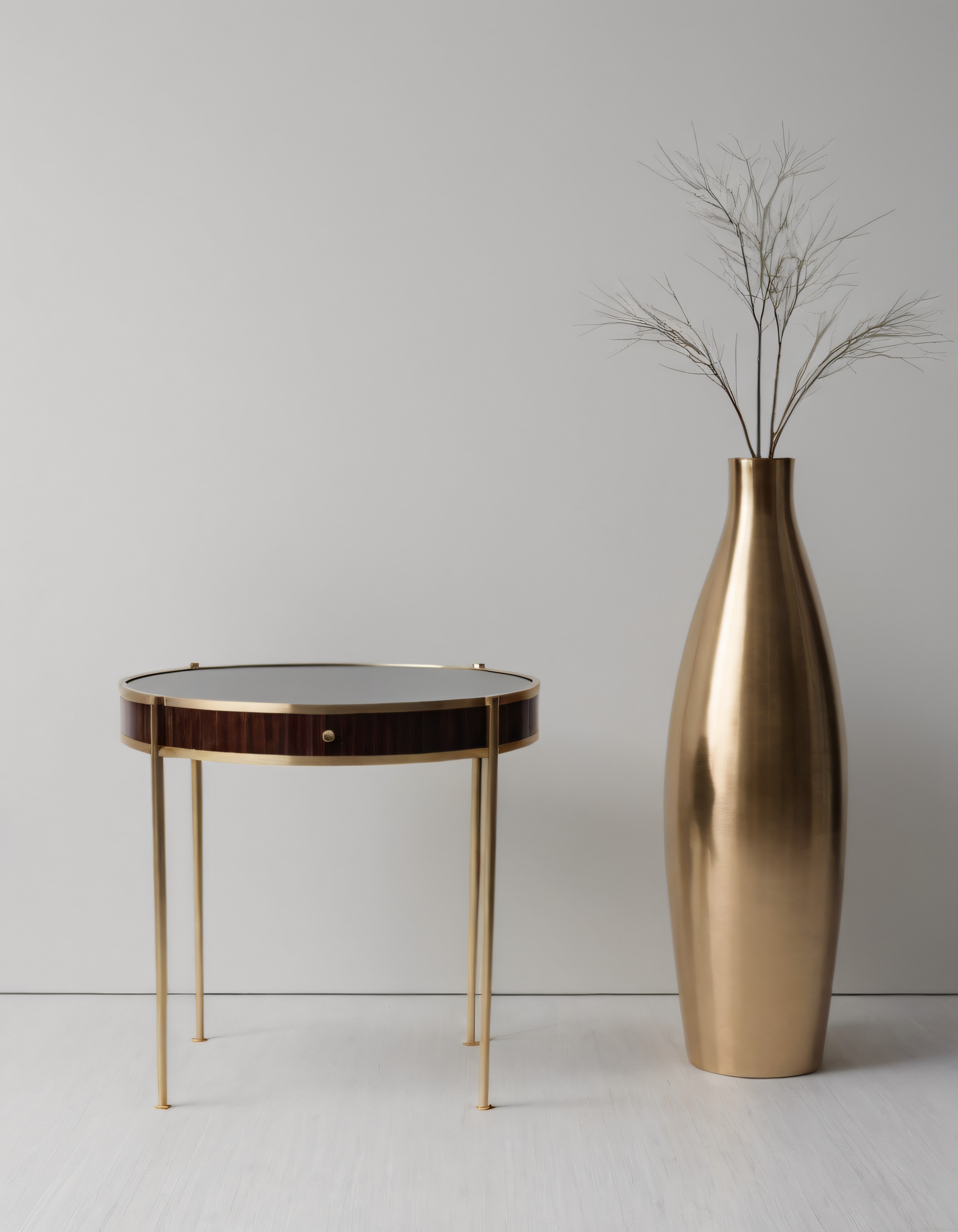 Minimalist iç mekanda altın rengi yan sehpa ve kuru dallı modern vazo düzeni