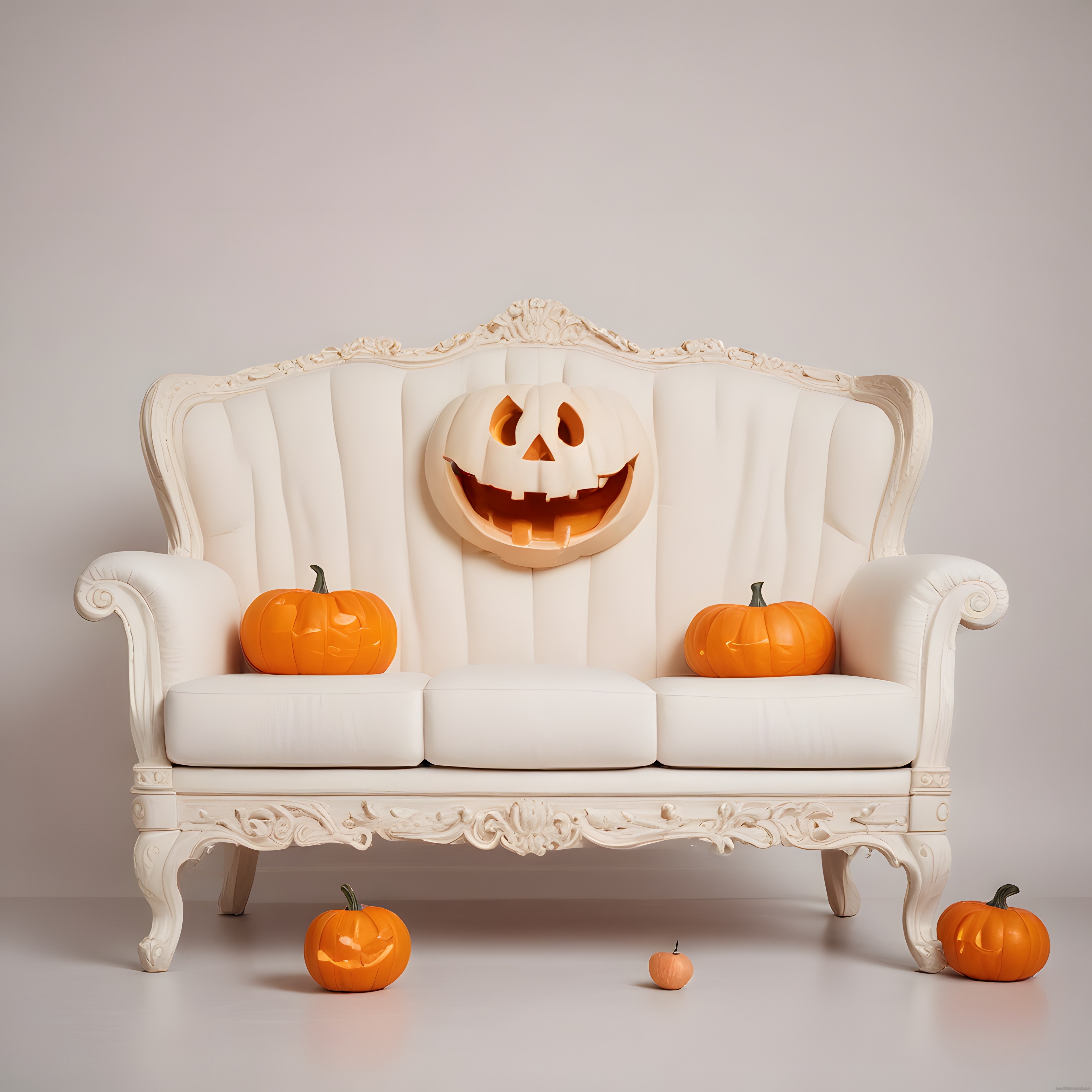 Minimalist İç Mekanda Antika Beyaz Kanepe ve Halloween Kabakları