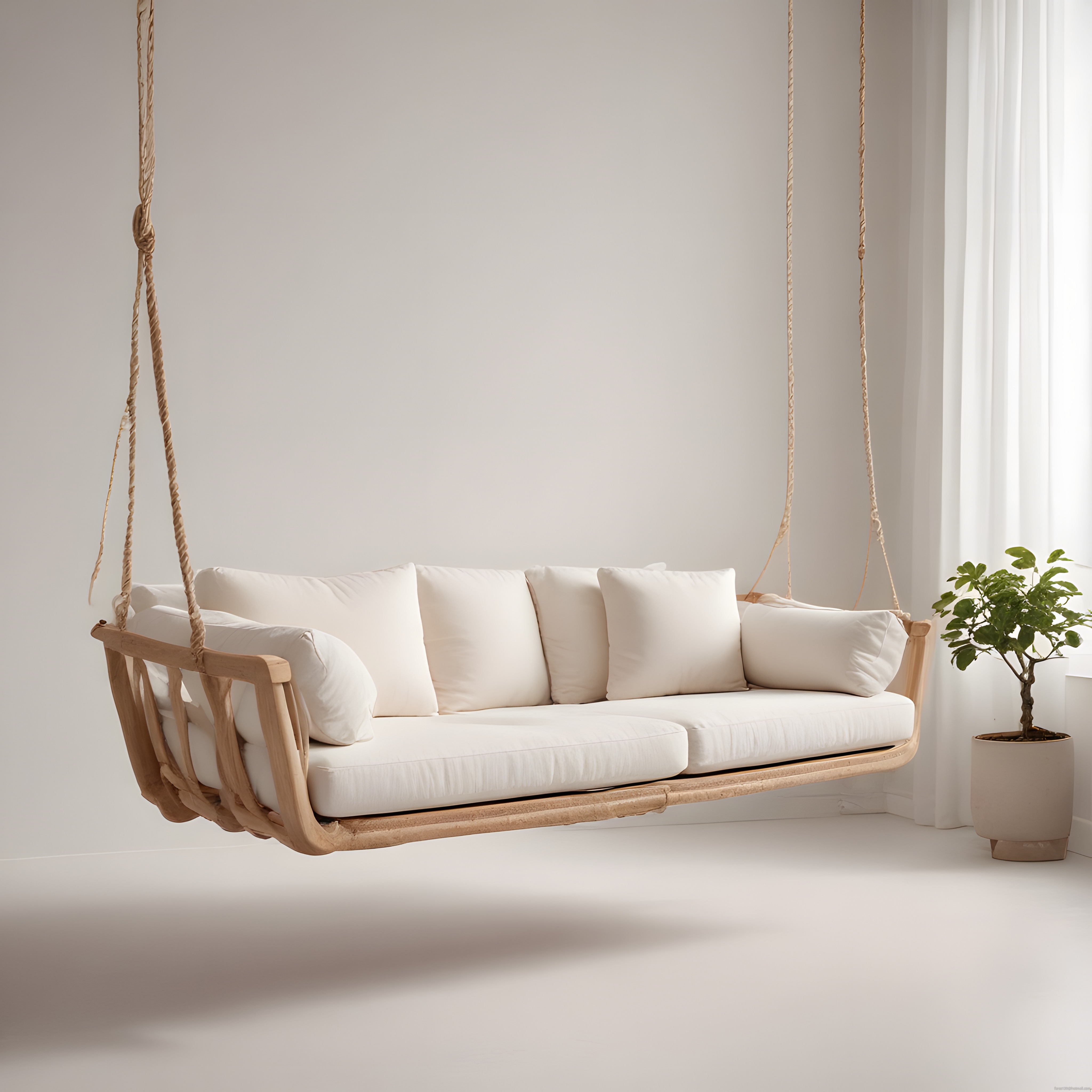 Minimalist İç Mekanda Asılı Ahşap Salıncak Koltuk ve Krem Tonları