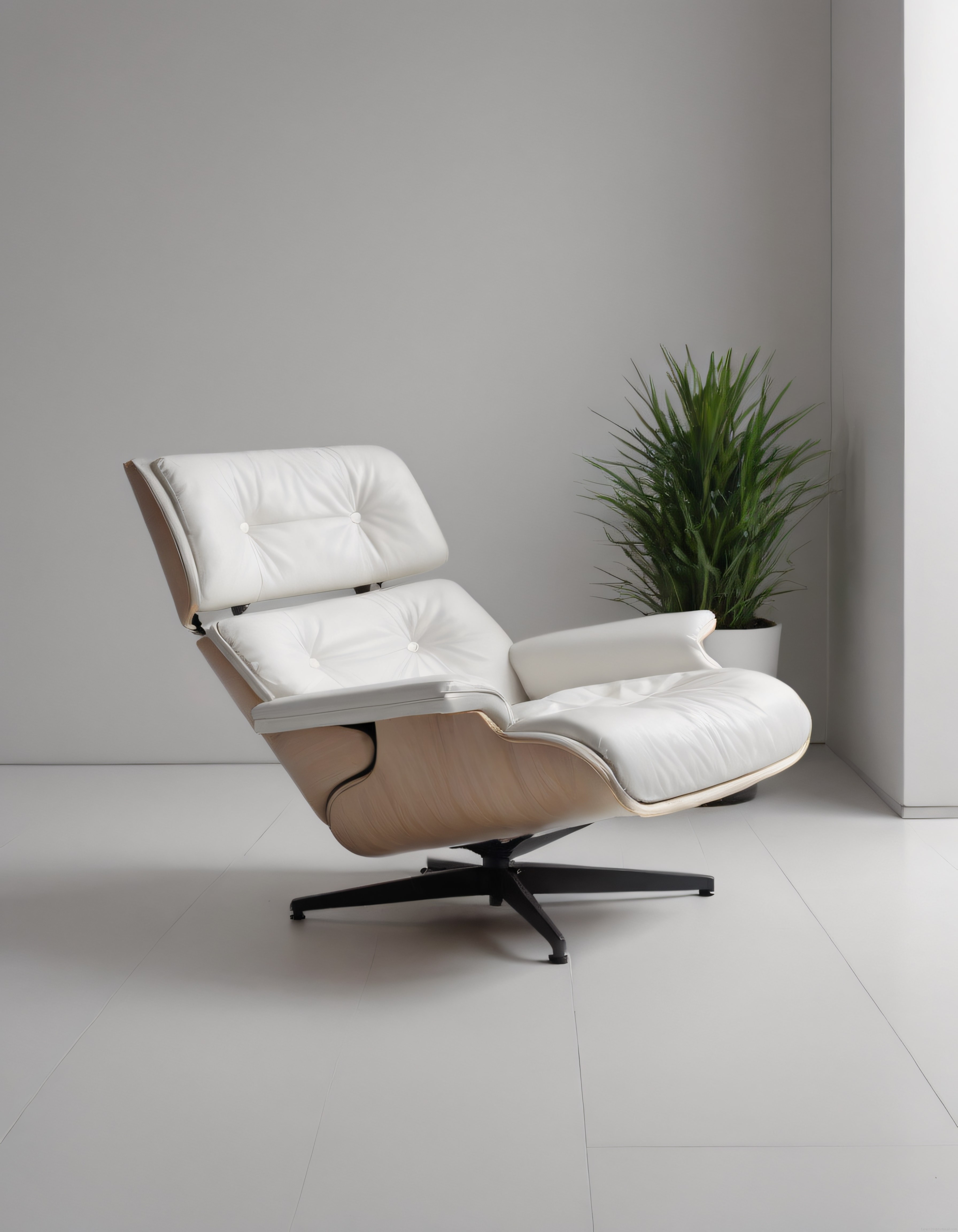 Minimalist iç mekanda beyaz deri berjer ve yeşil bitki ile sade bir dinlenme köşesi