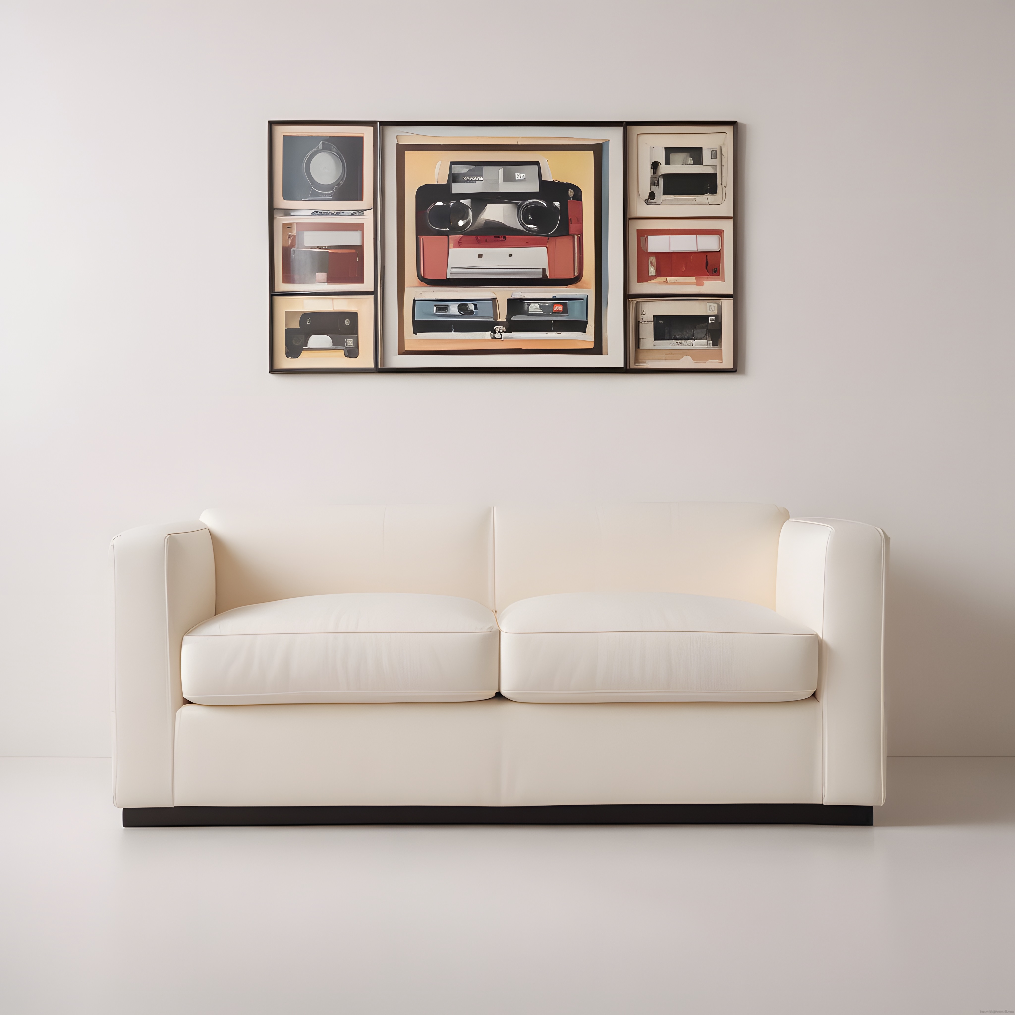 Minimalist iç mekanda beyaz koltuk ve vintage fotoğraf makinesi tabloları