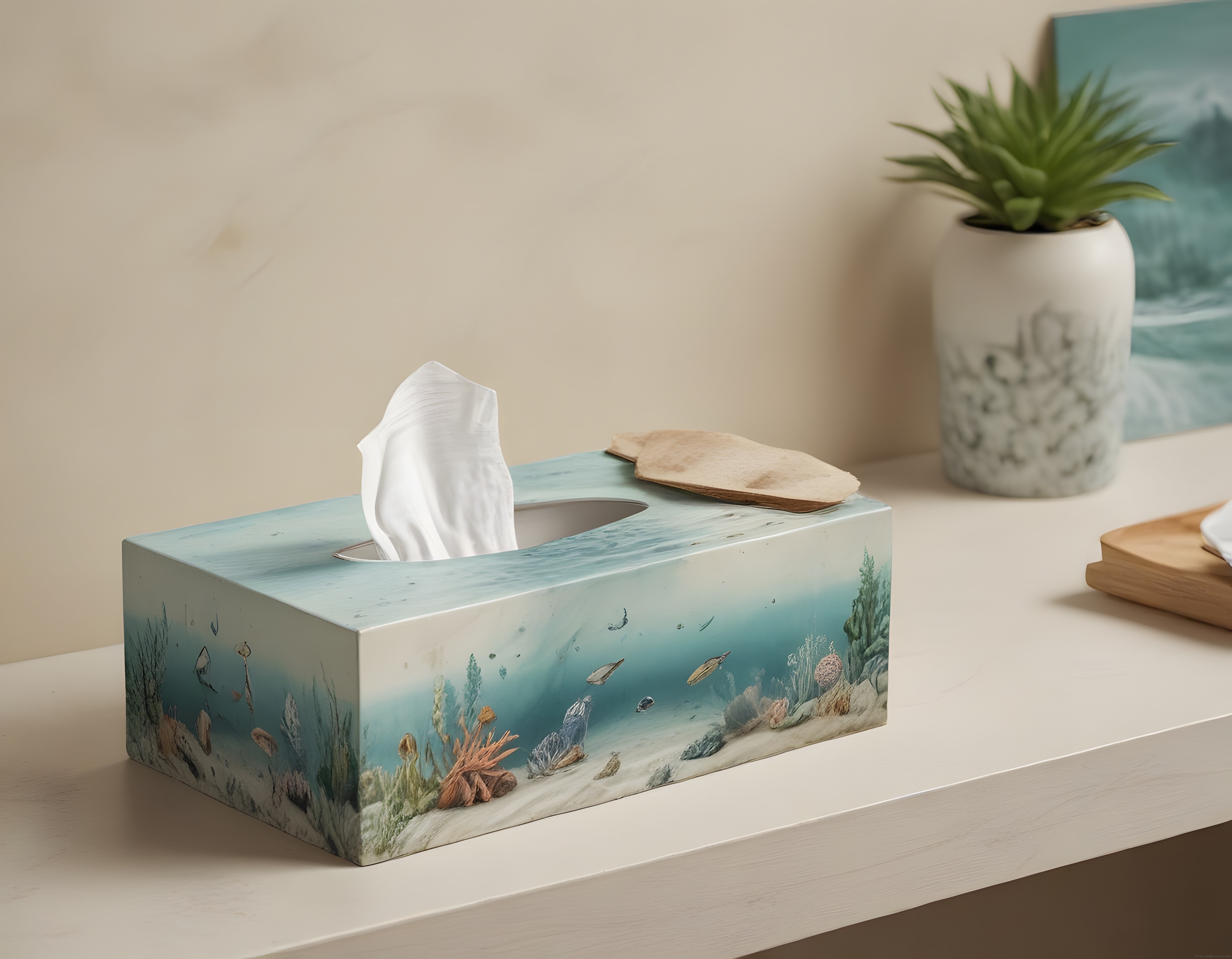 Minimalist iç mekanda deniz temalı dekoratif peçete kutusu ve saksı bitkisi